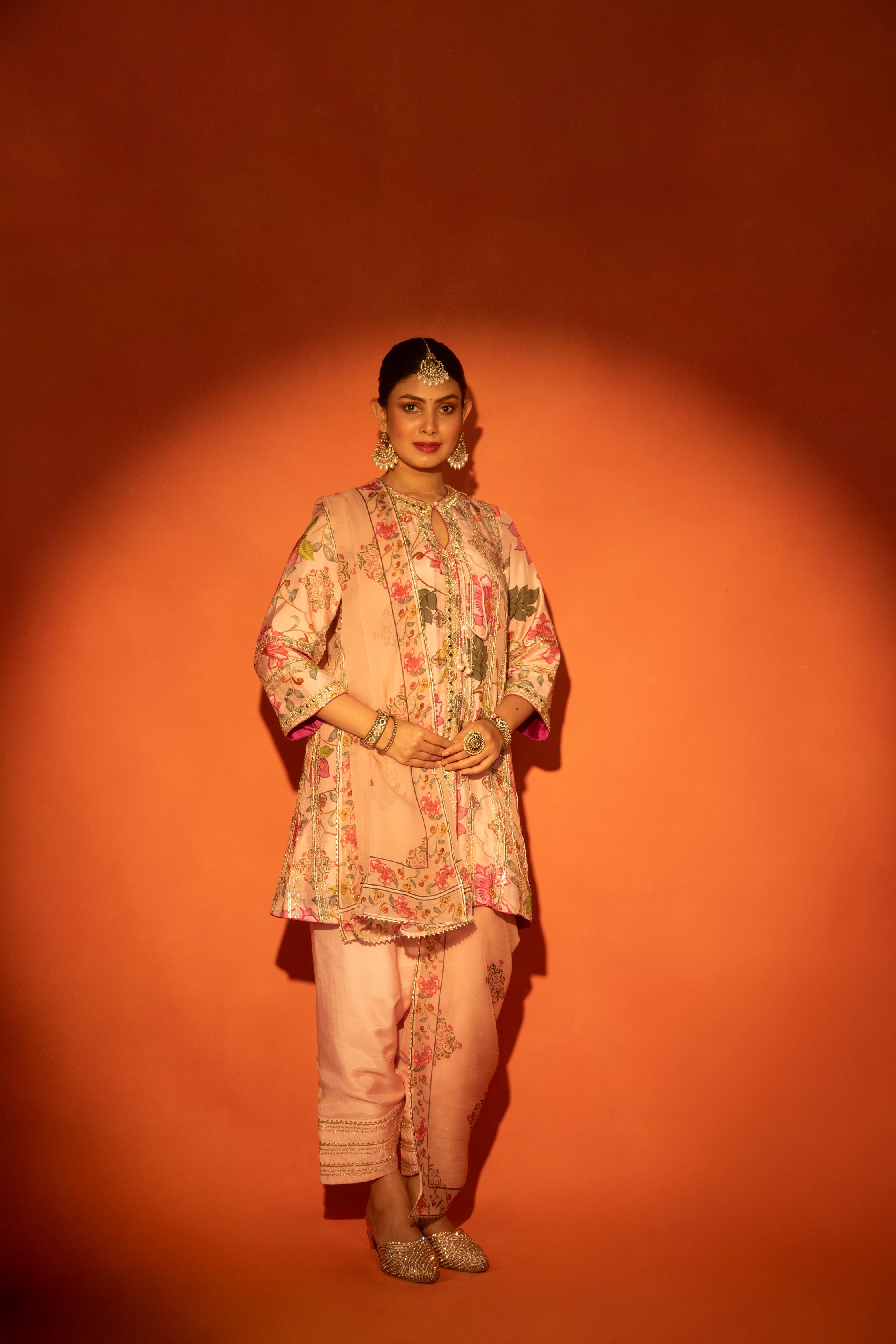 Pink Floral Printed Embroidered Angrakha with Solid Pants & Dupatta