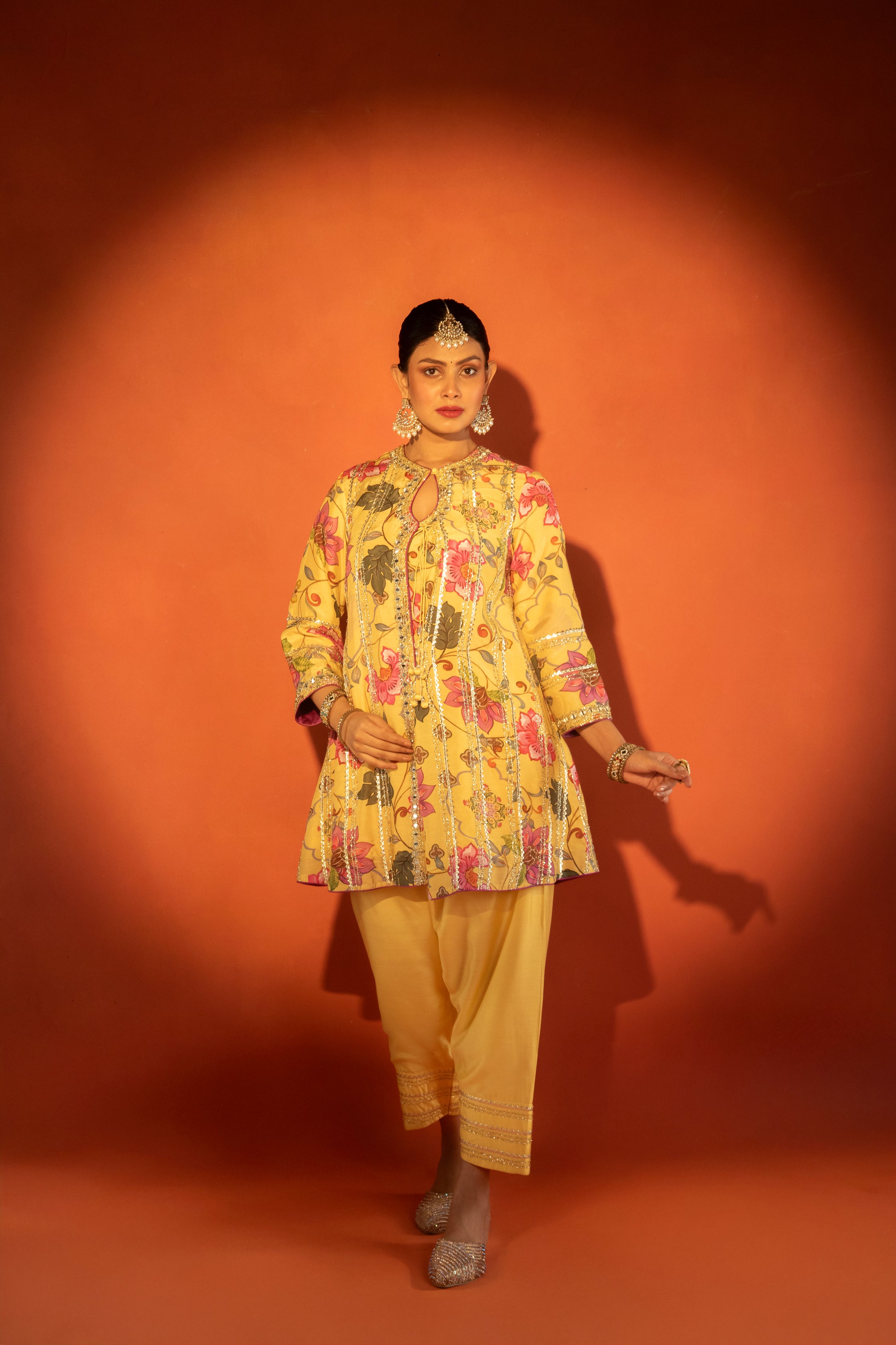 Yellow Floral Printed Embroidered Angrakha Paired with Solid Pants & Dupatta