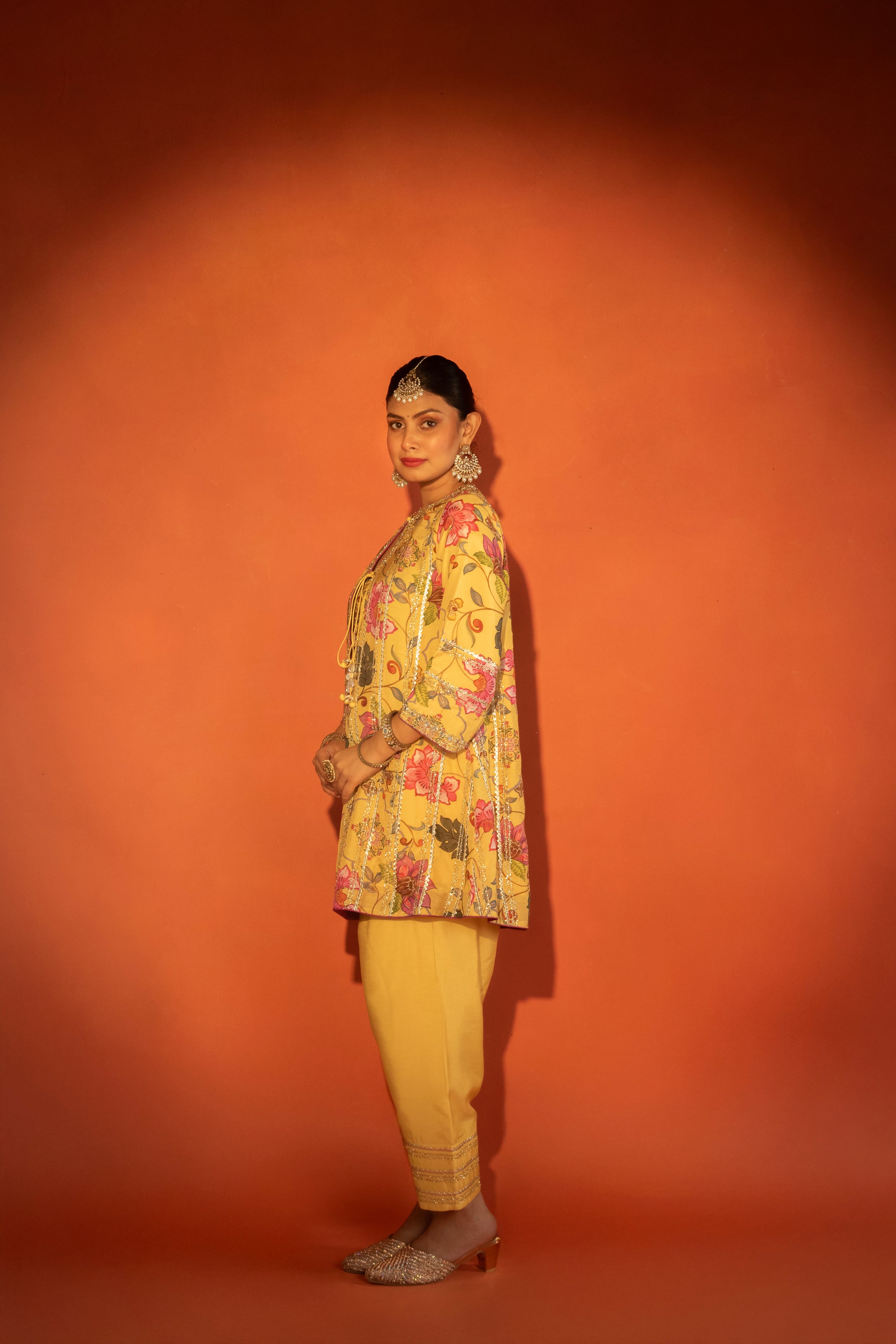 Yellow Floral Printed Embroidered Angrakha Paired with Solid Pants & Dupatta