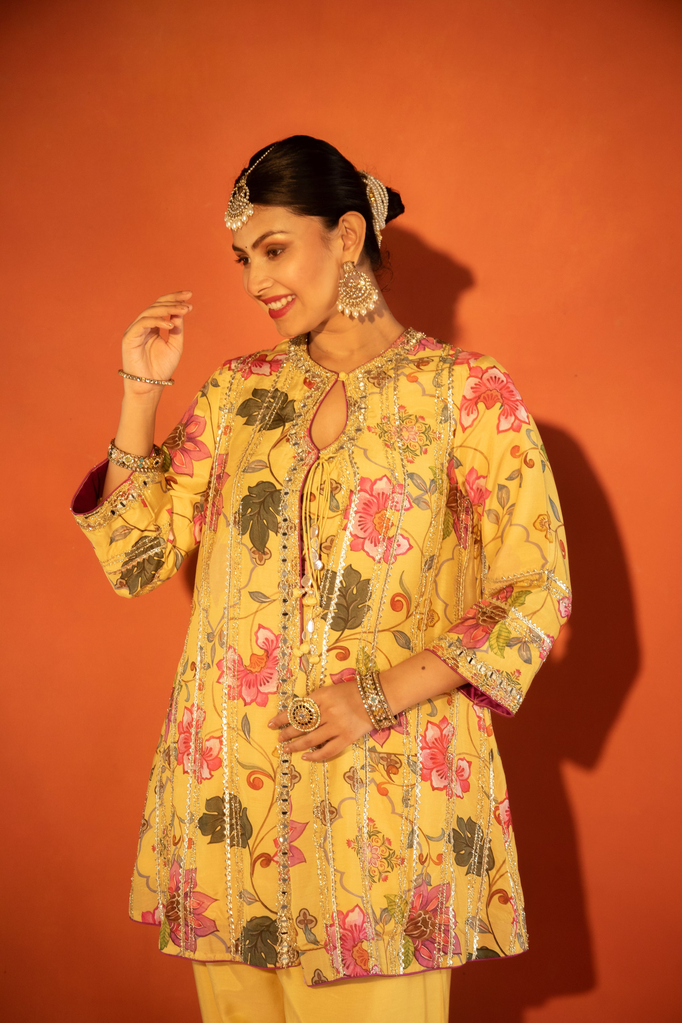Yellow Floral Printed Embroidered Angrakha Paired with Solid Pants & Dupatta