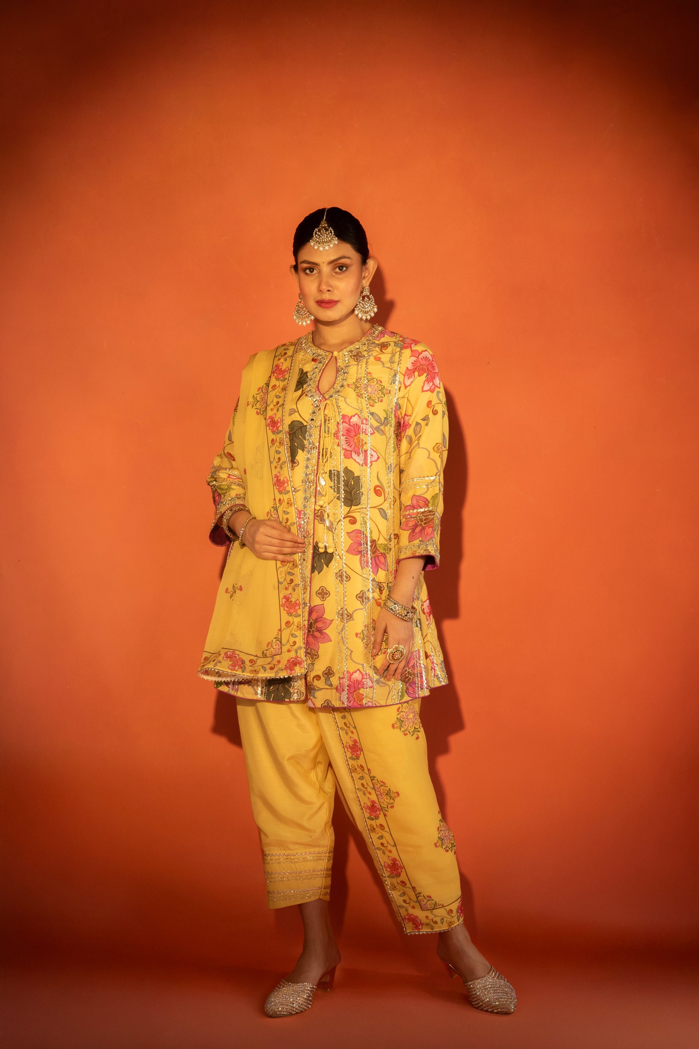 Yellow Floral Printed Embroidered Angrakha Paired with Solid Pants & Dupatta