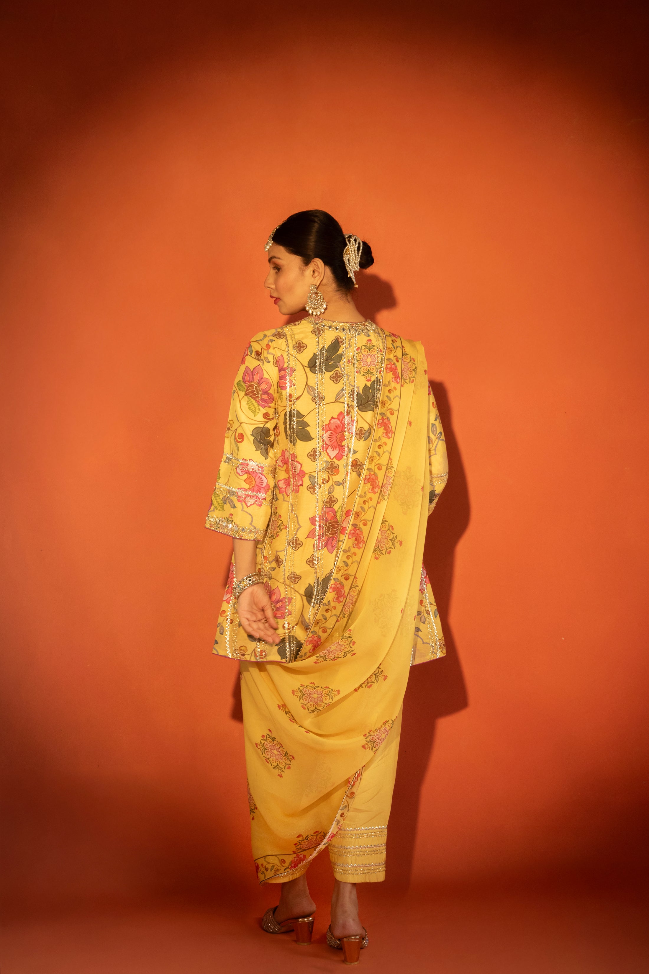 Yellow Floral Printed Embroidered Angrakha Paired with Solid Pants & Dupatta