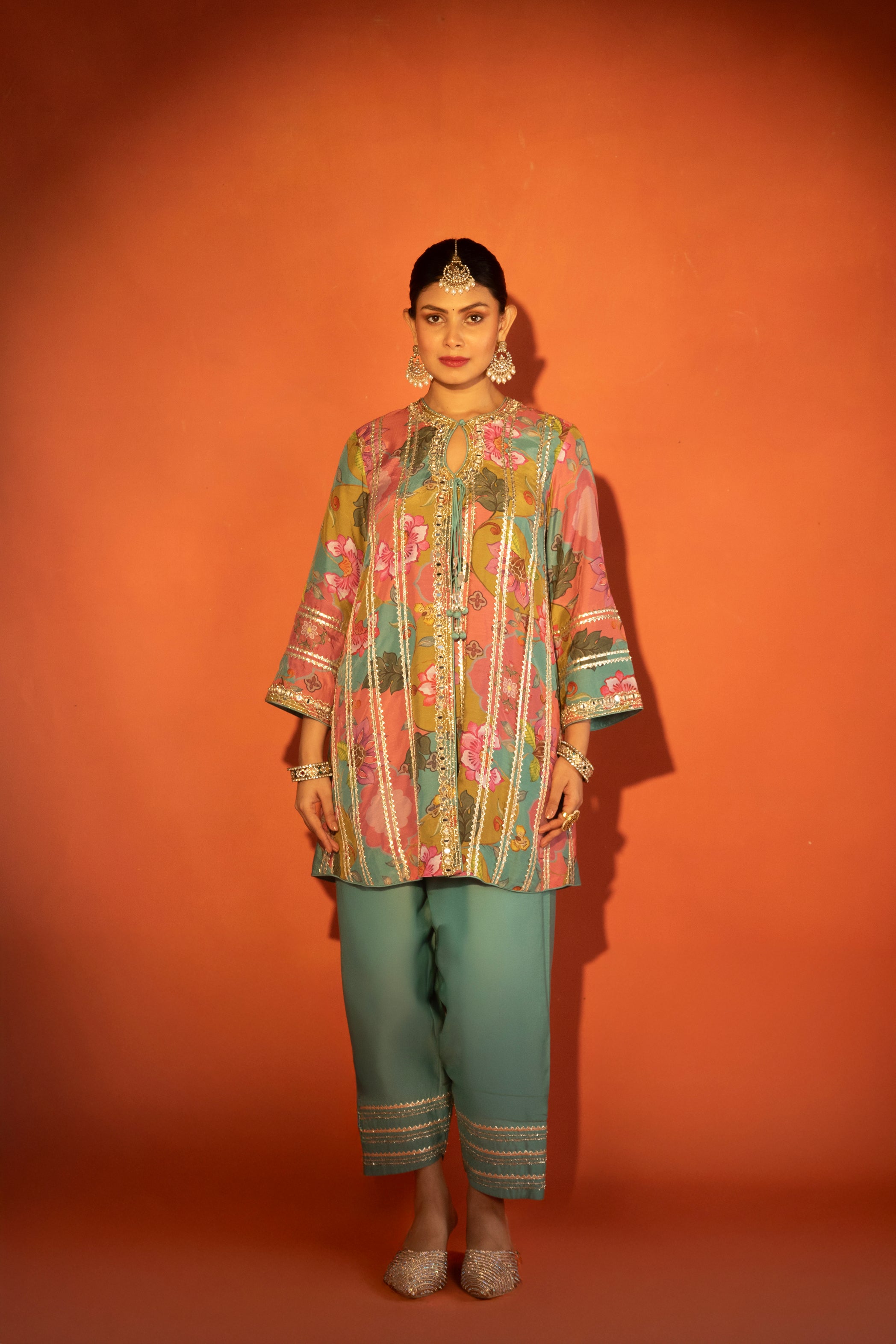 Multi-Color Floral Printed Embroidered Angrakha Paired with Solid Pants & Dupatta