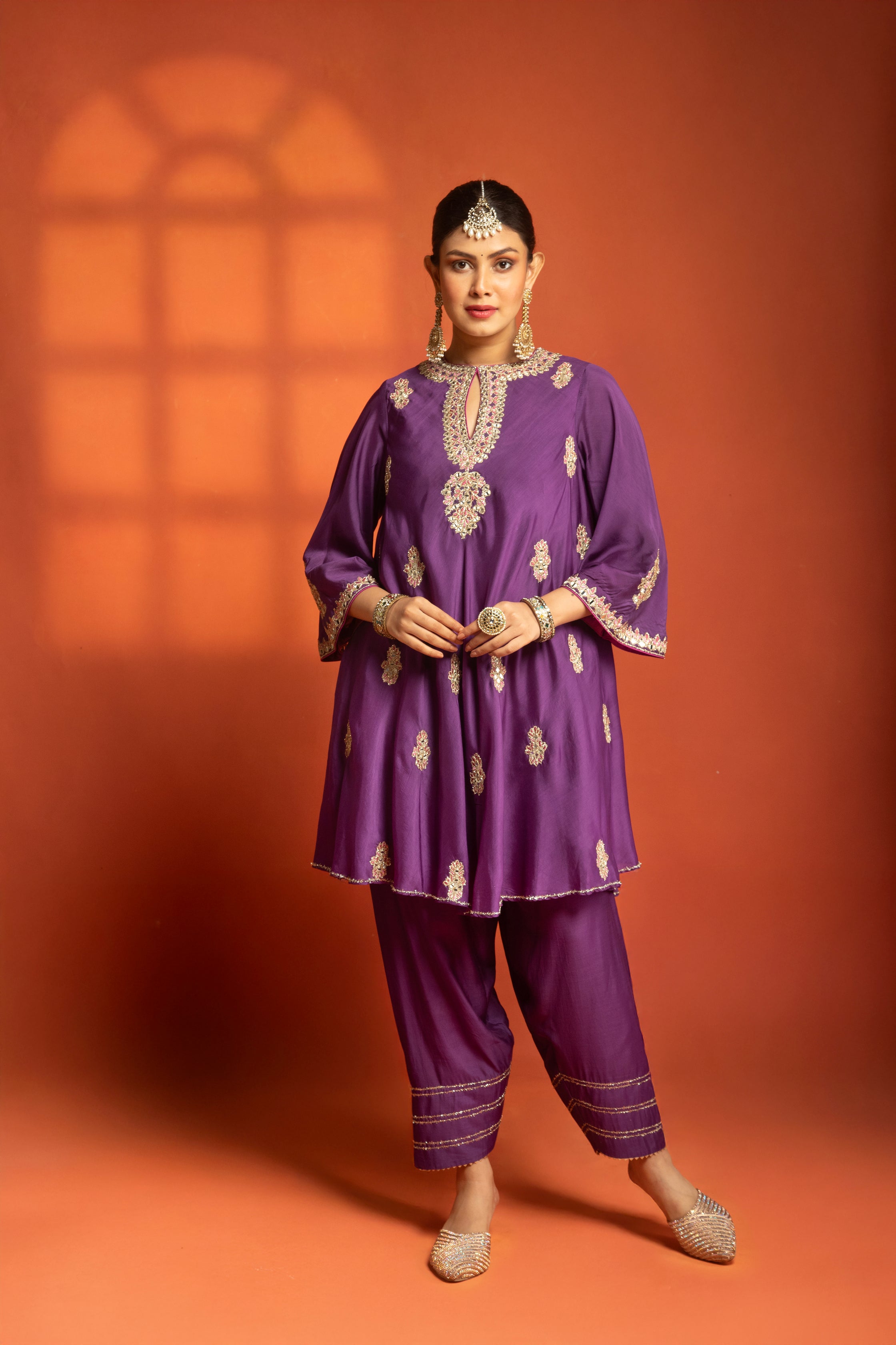 Purple Short Flared Kurta with Embroidery, Paired with Salwar Pants & Dupatta