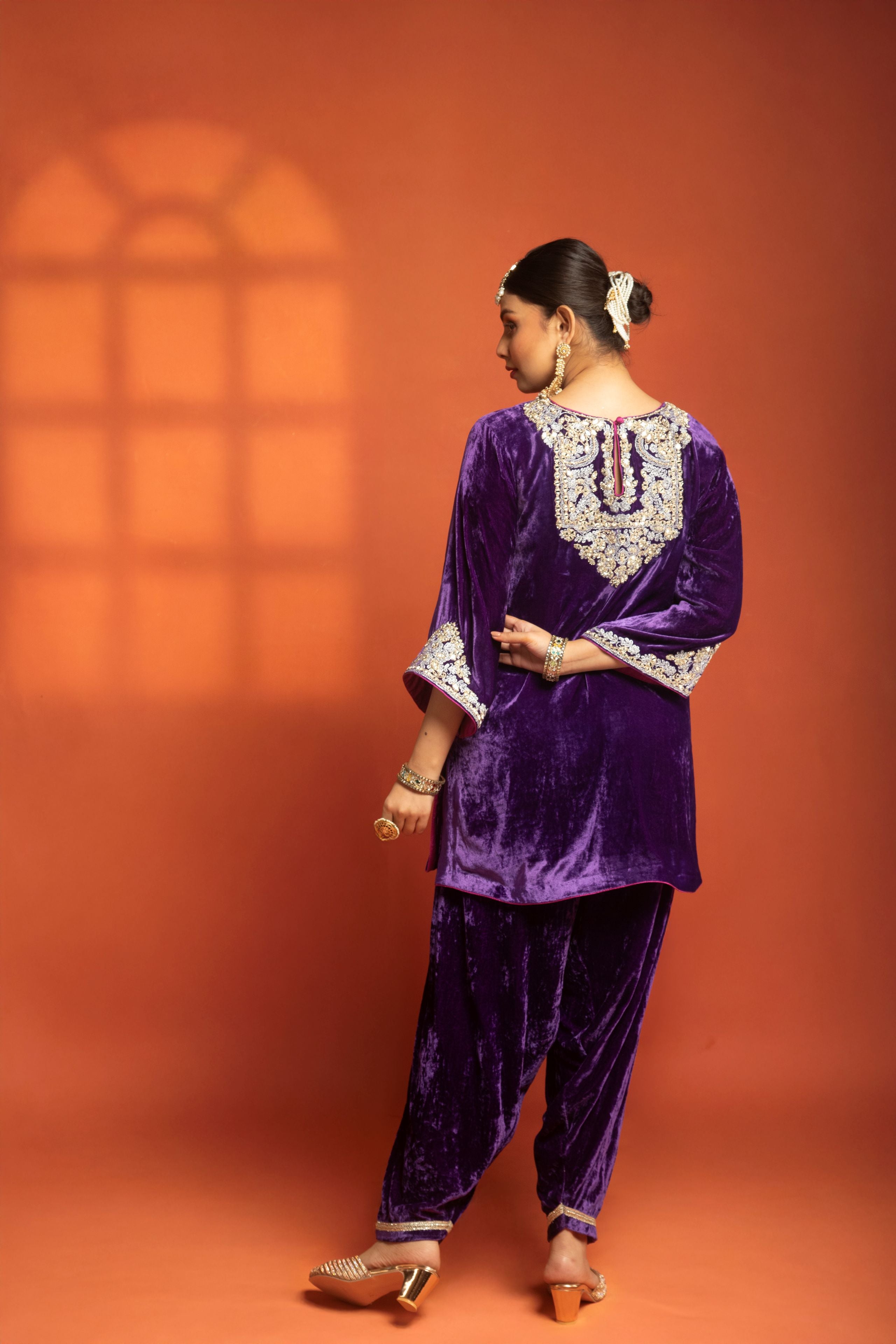 Purple Embroidered Short Kurta with Dhoti Salwar & Printed Dupatta