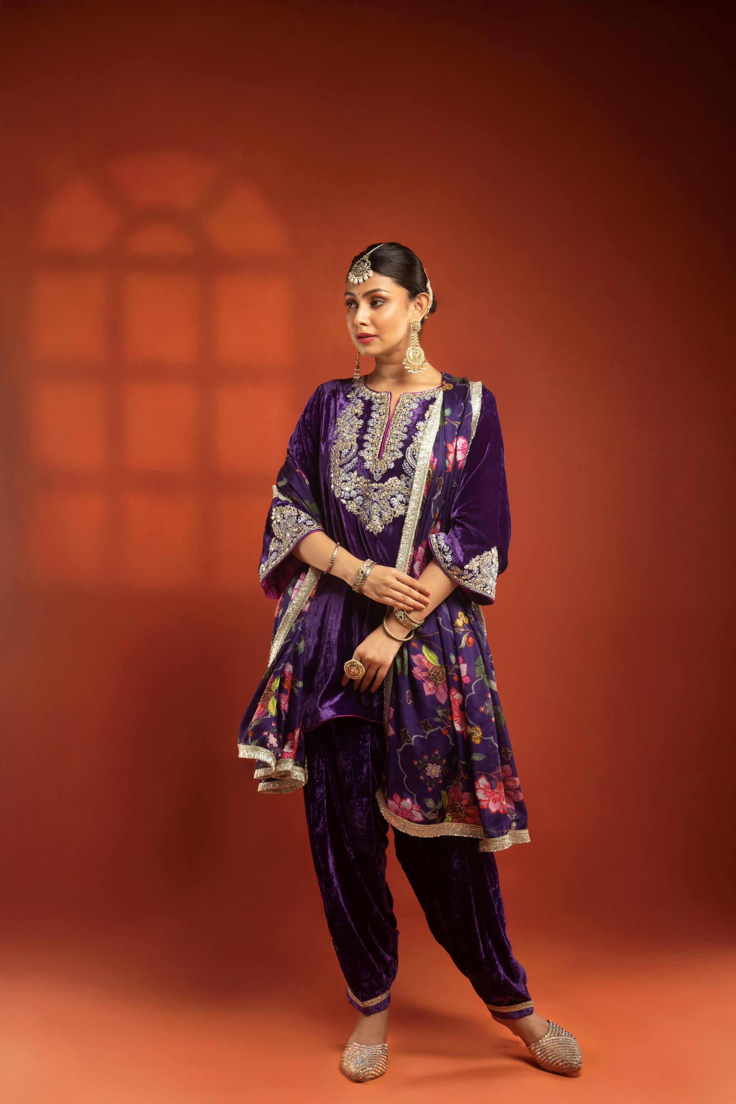 Purple Embroidered Short Kurta with Dhoti Salwar & Printed Dupatta