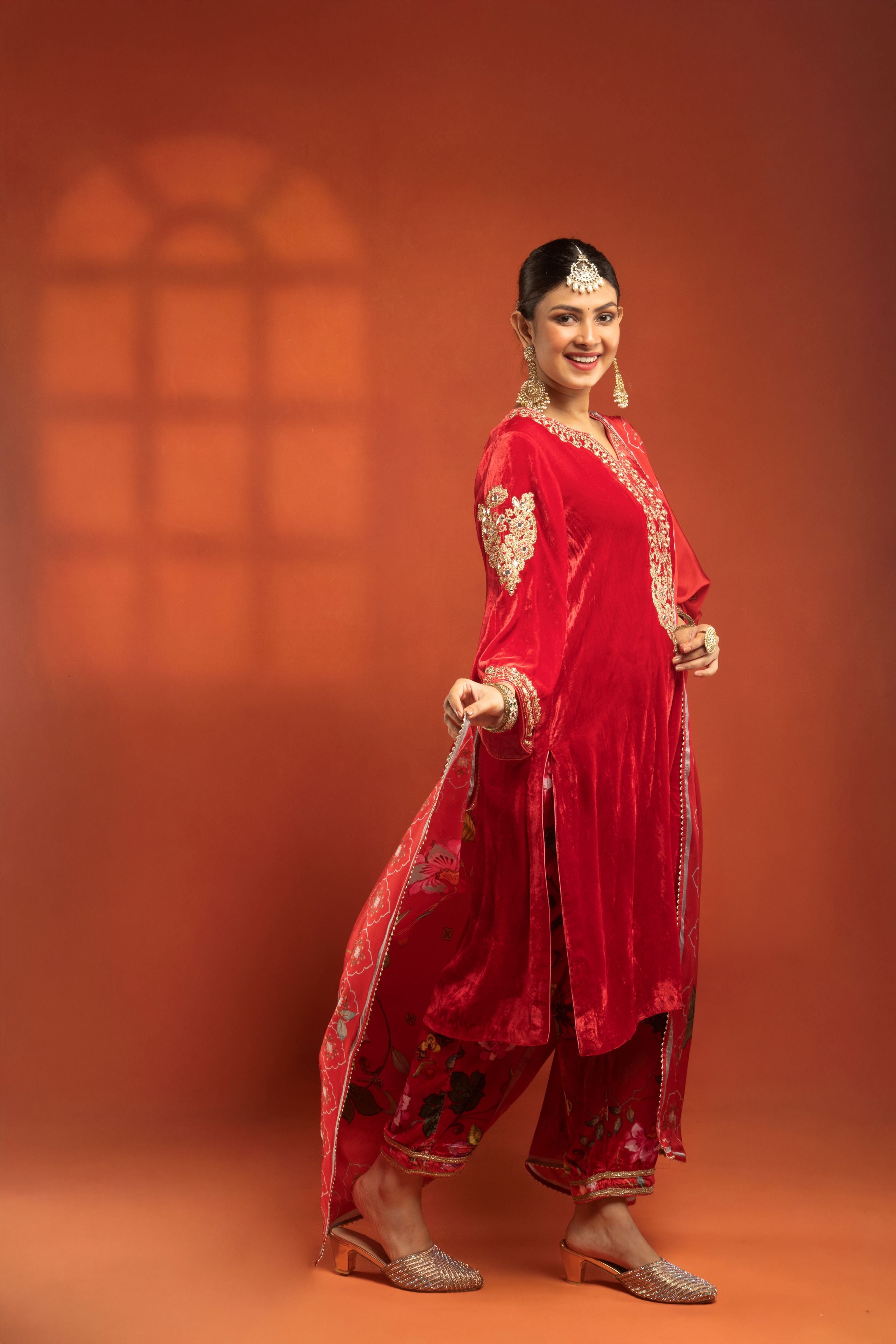 Red Silk Velvet Embroidered Kurta with Printed Salwar Pants & Dupatta