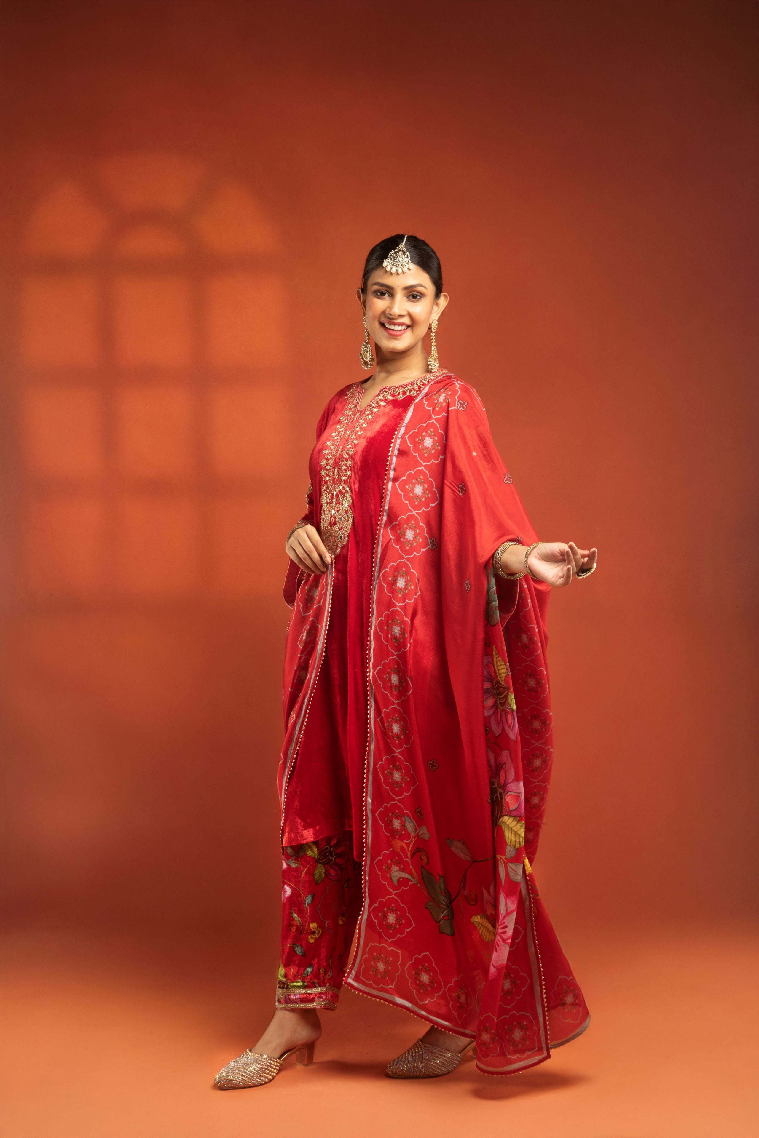 Red Silk Velvet Embroidered Kurta with Printed Salwar Pants & Dupatta