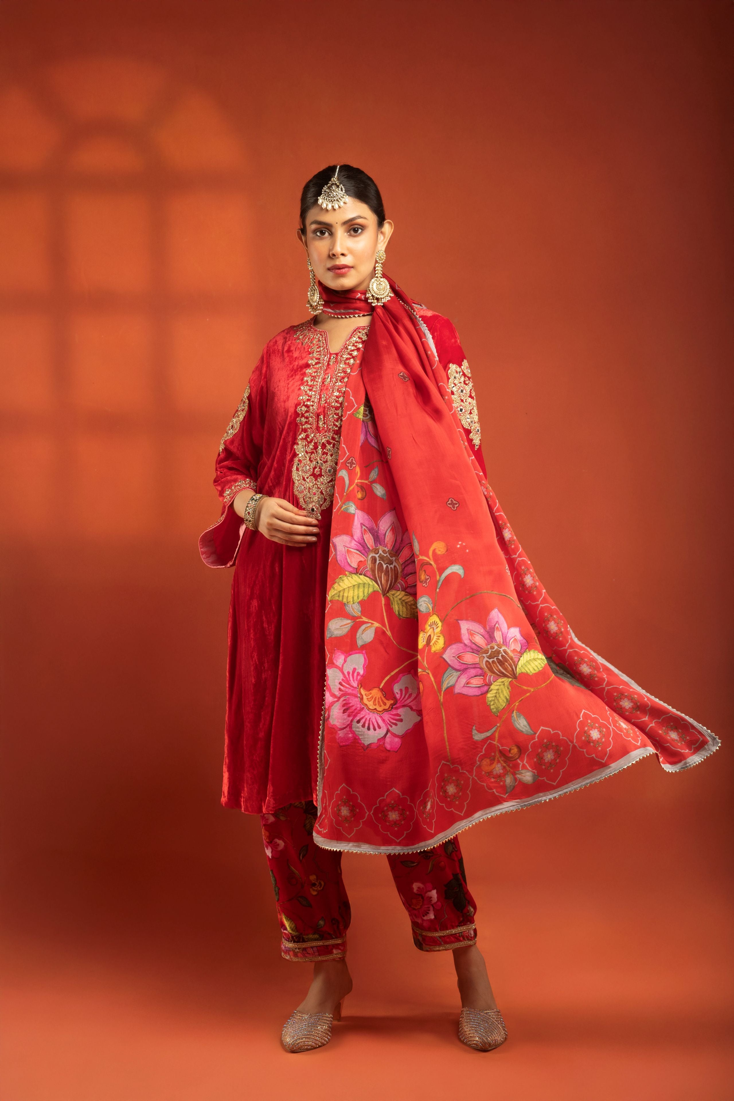 Red Silk Velvet Embroidered Kurta with Printed Salwar Pants & Dupatta