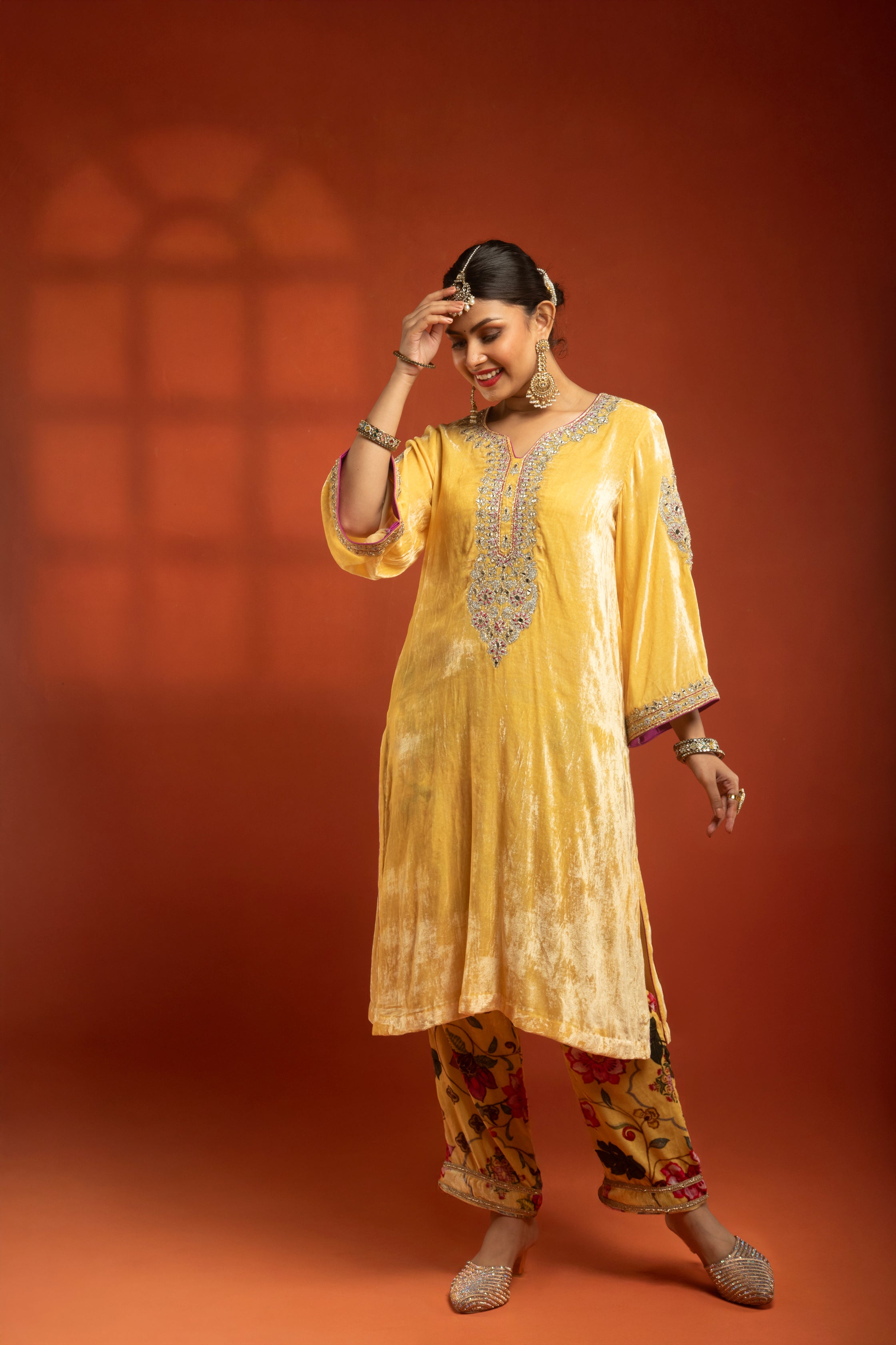 Yellow Silk Velvet Embroidered Kurta with Printed Salwar Pants & Dupatta