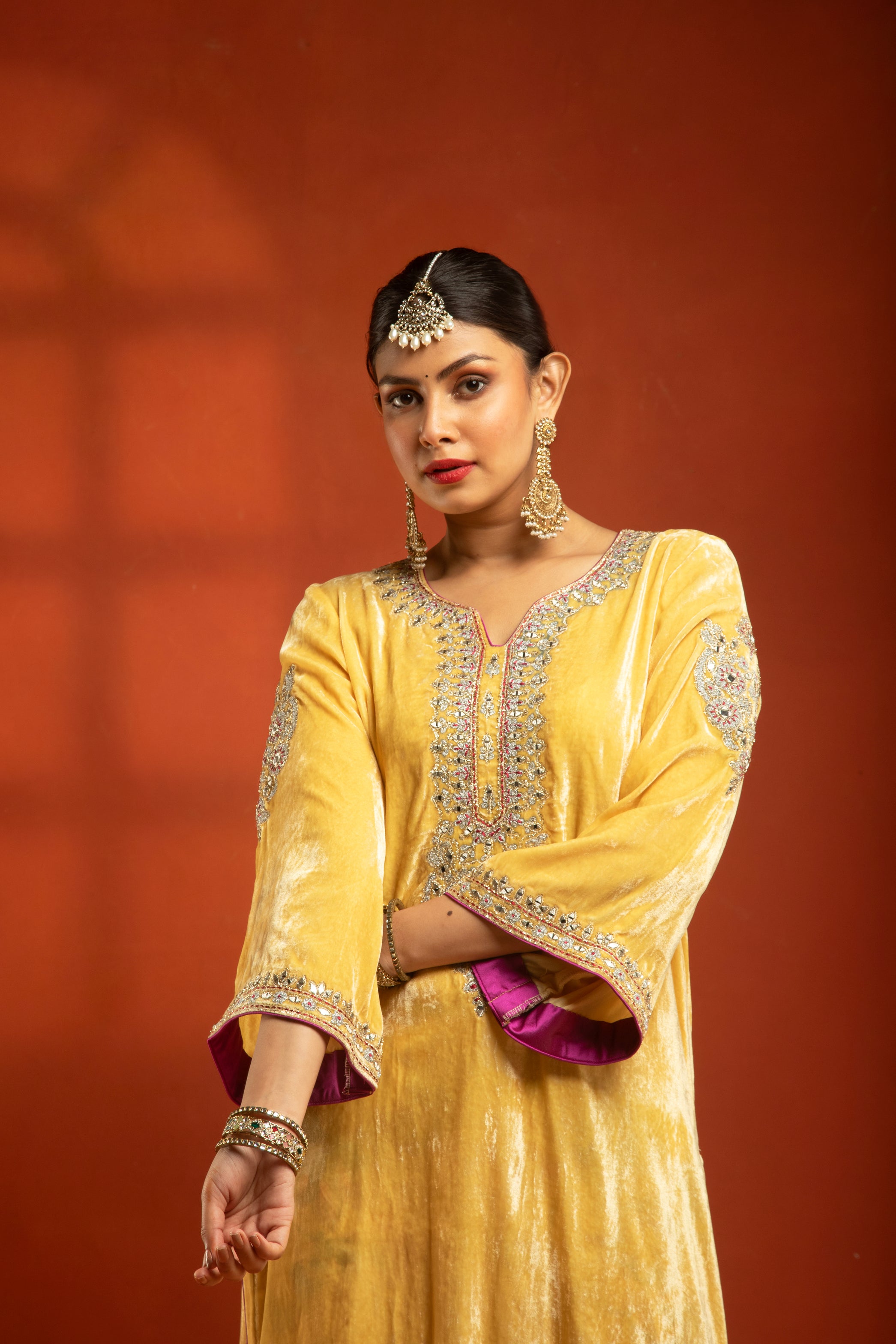 Yellow Silk Velvet Embroidered Kurta with Printed Salwar Pants & Dupatta