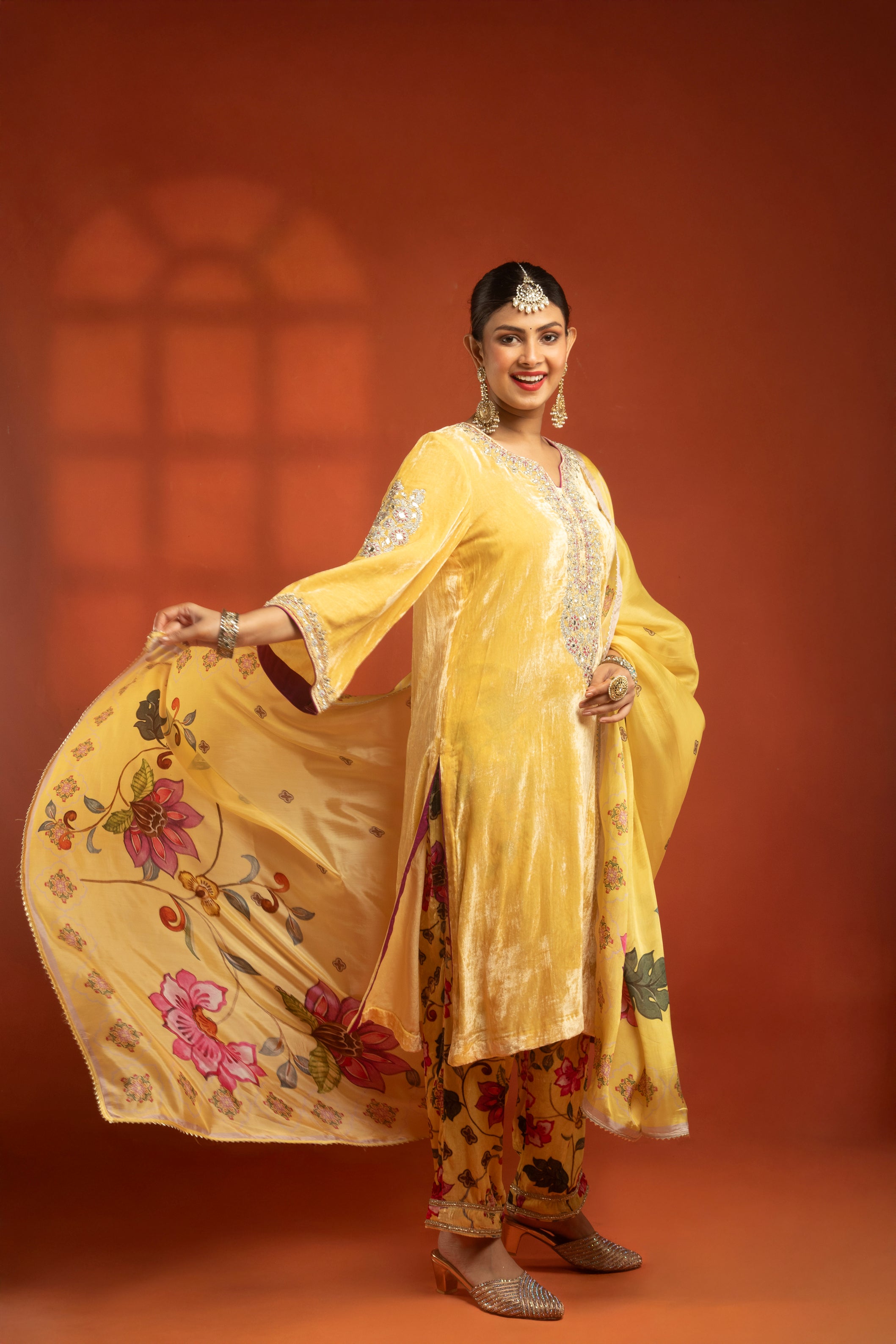 Yellow Silk Velvet Embroidered Kurta with Printed Salwar Pants & Dupatta