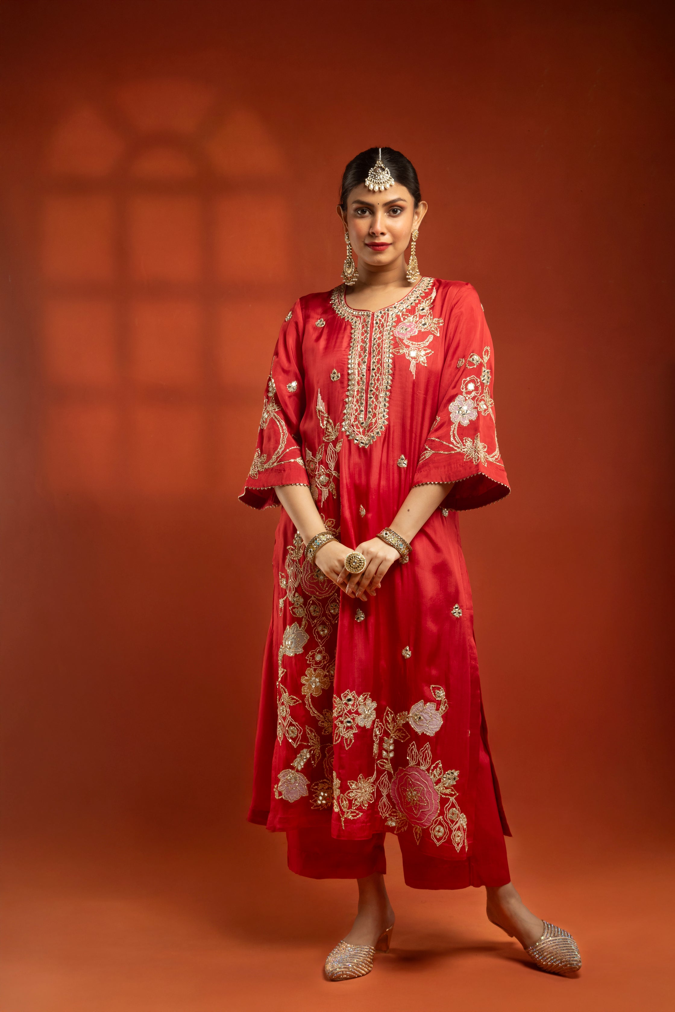 Red Embroidered Kurta with Pants & Net Dupatta