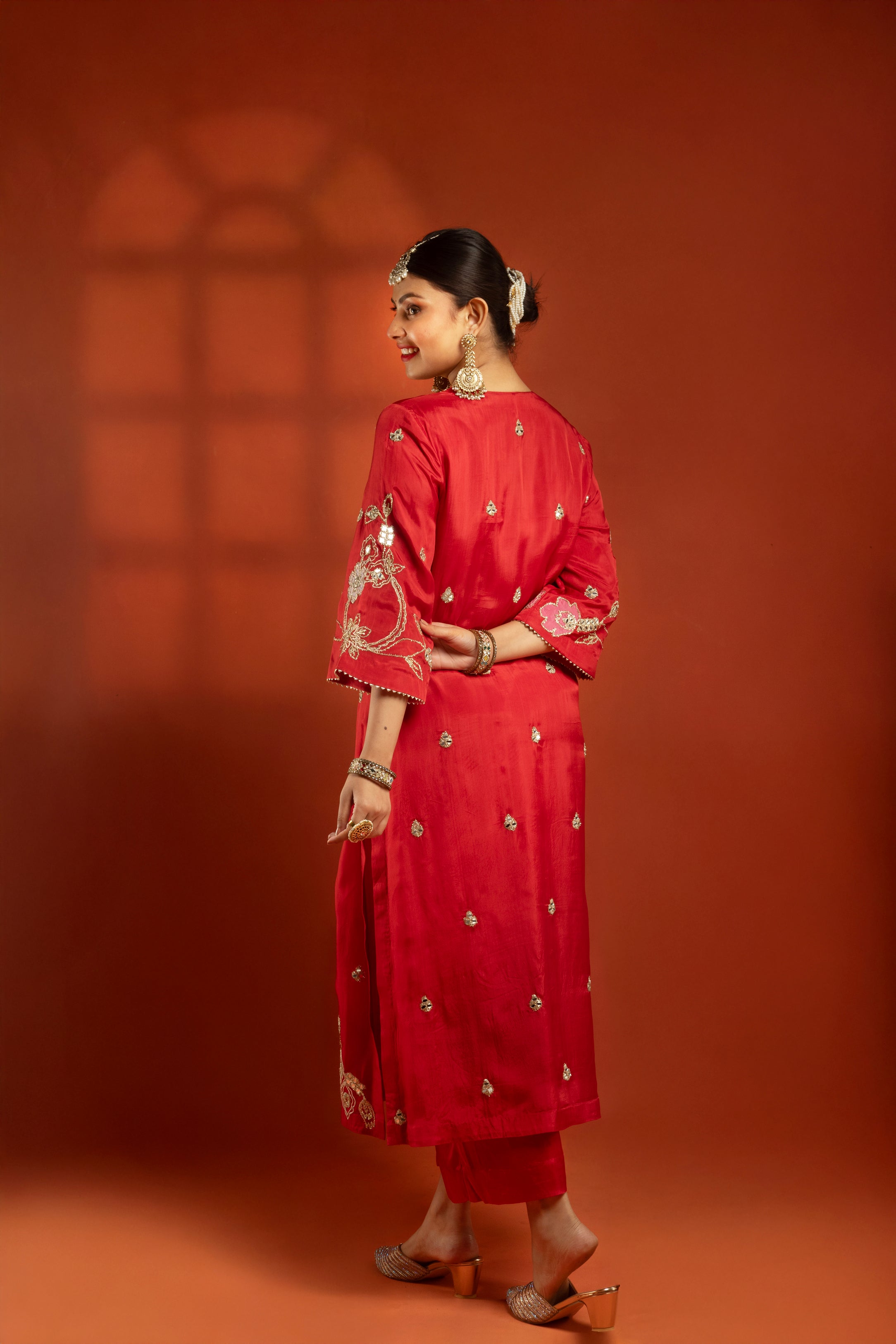 Red Embroidered Kurta with Pants & Net Dupatta