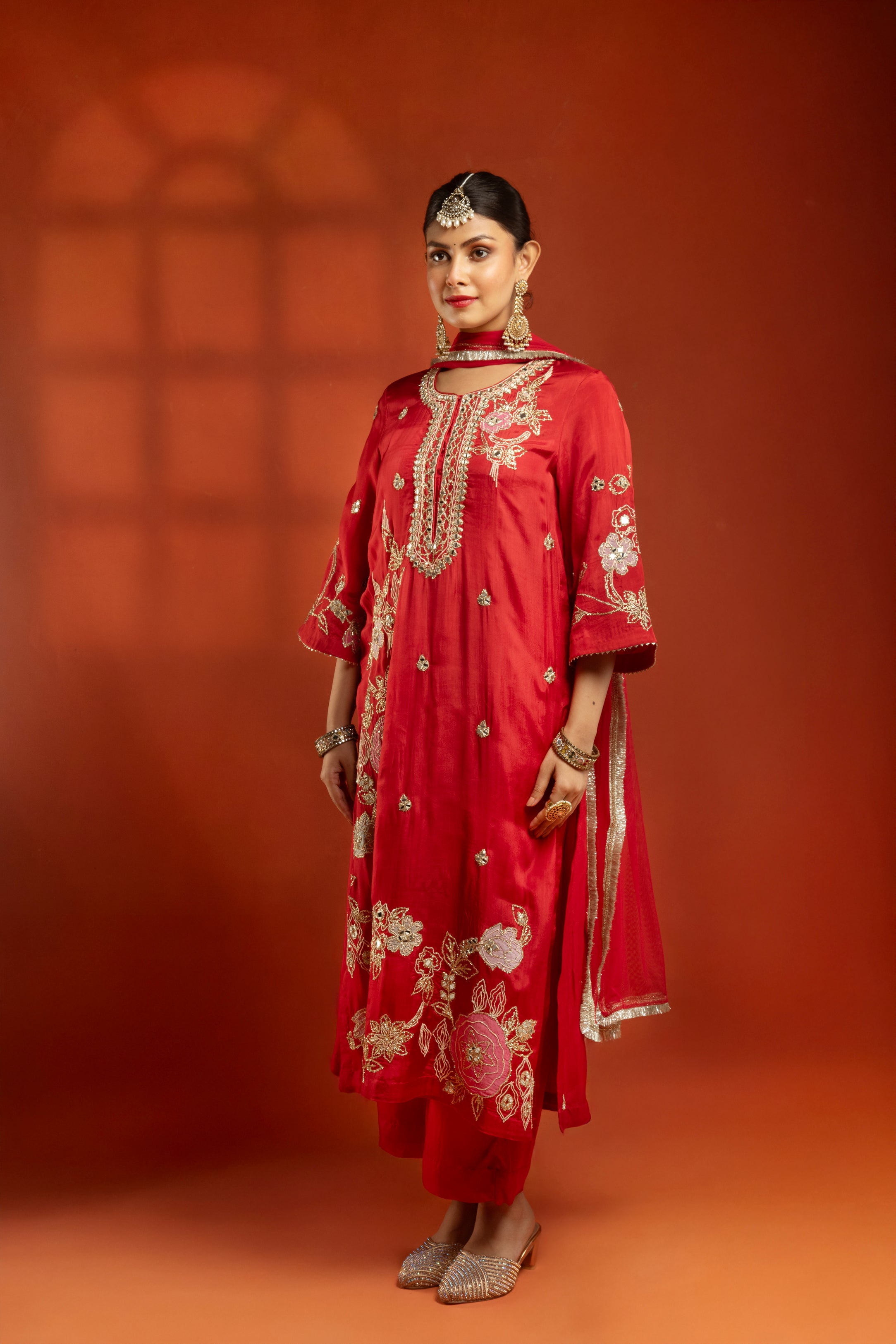 Red Embroidered Kurta with Pants & Net Dupatta