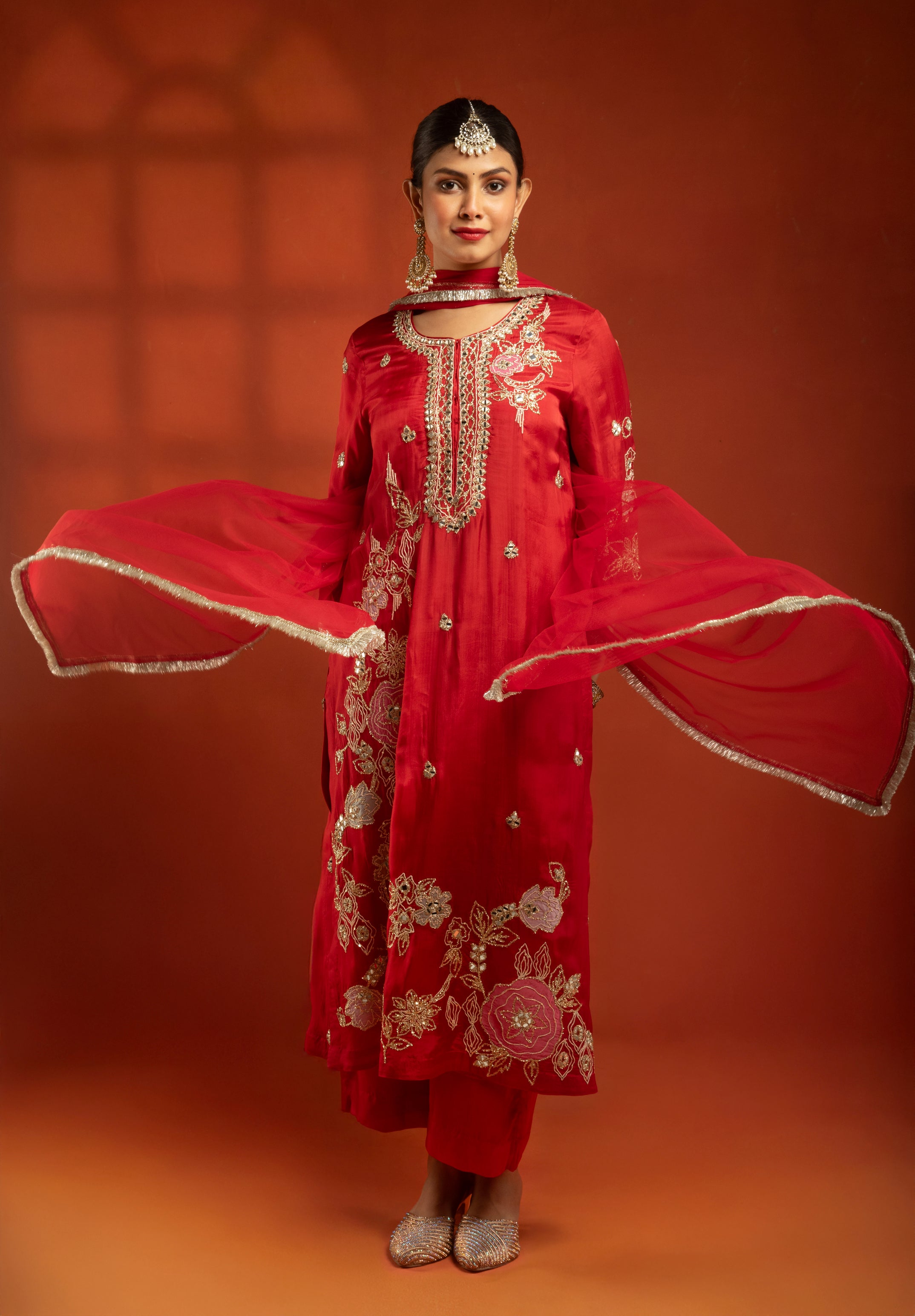 Red Embroidered Kurta with Pants & Net Dupatta
