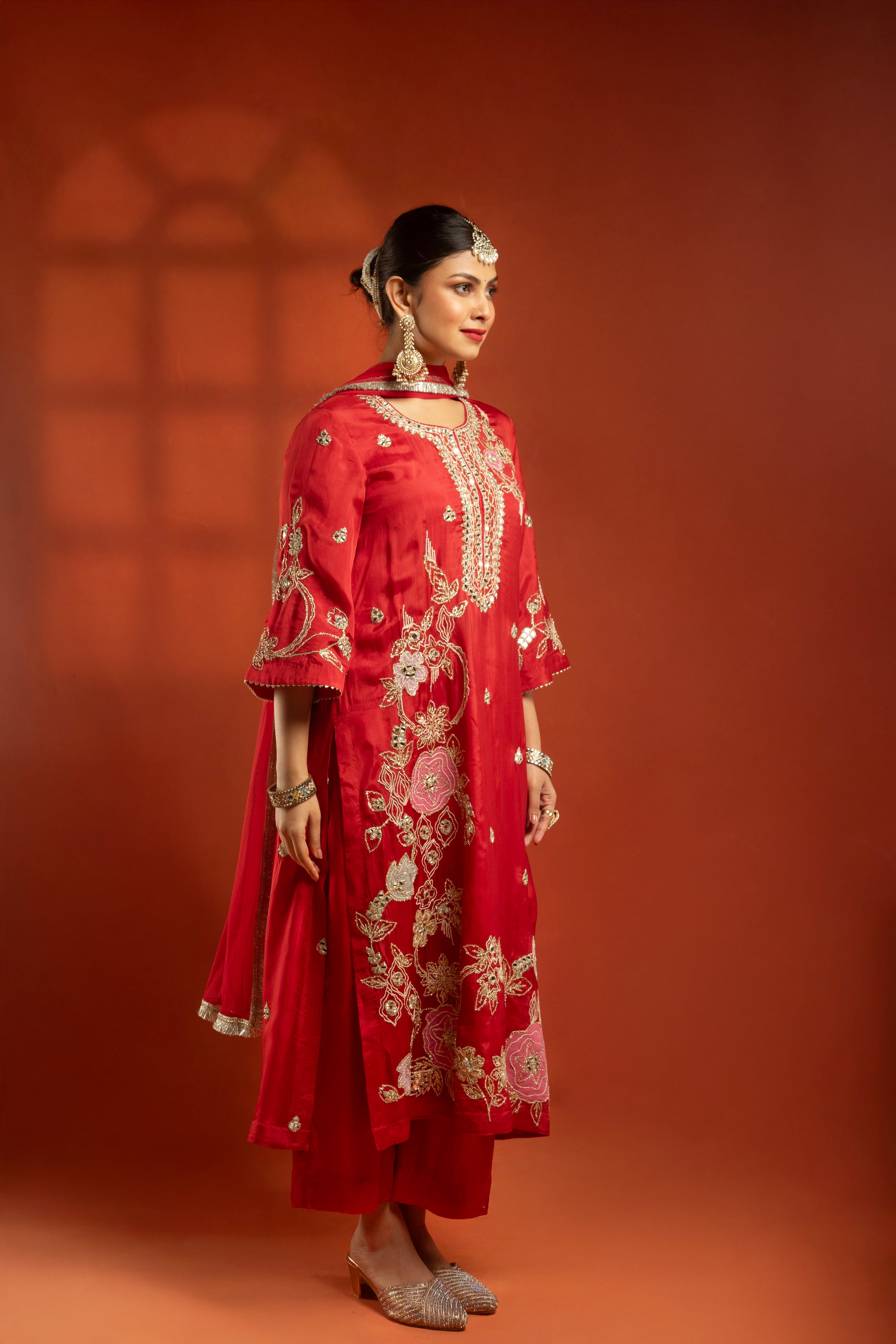 Red Embroidered Kurta with Pants & Net Dupatta
