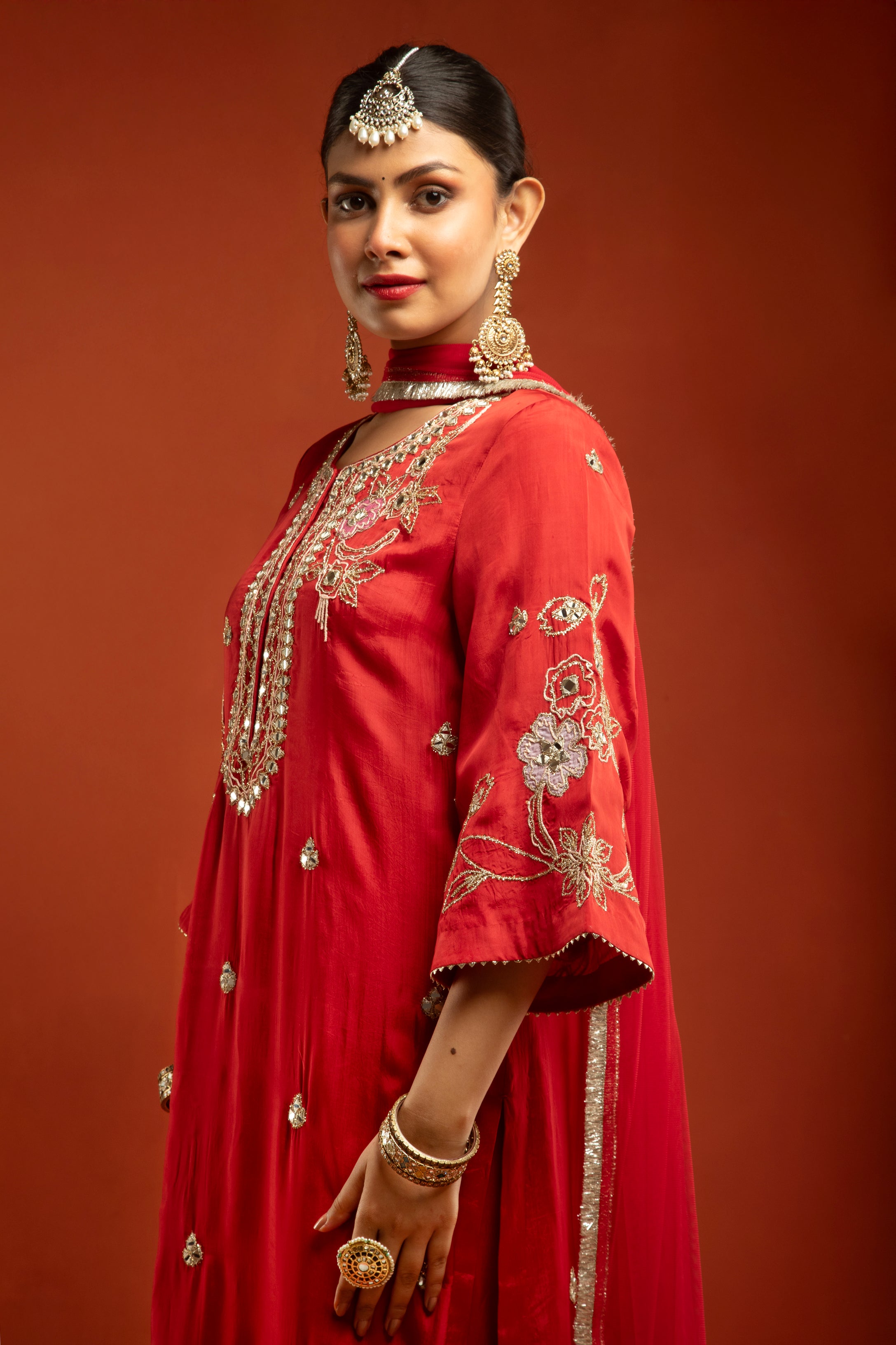 Red Embroidered Kurta with Pants & Net Dupatta