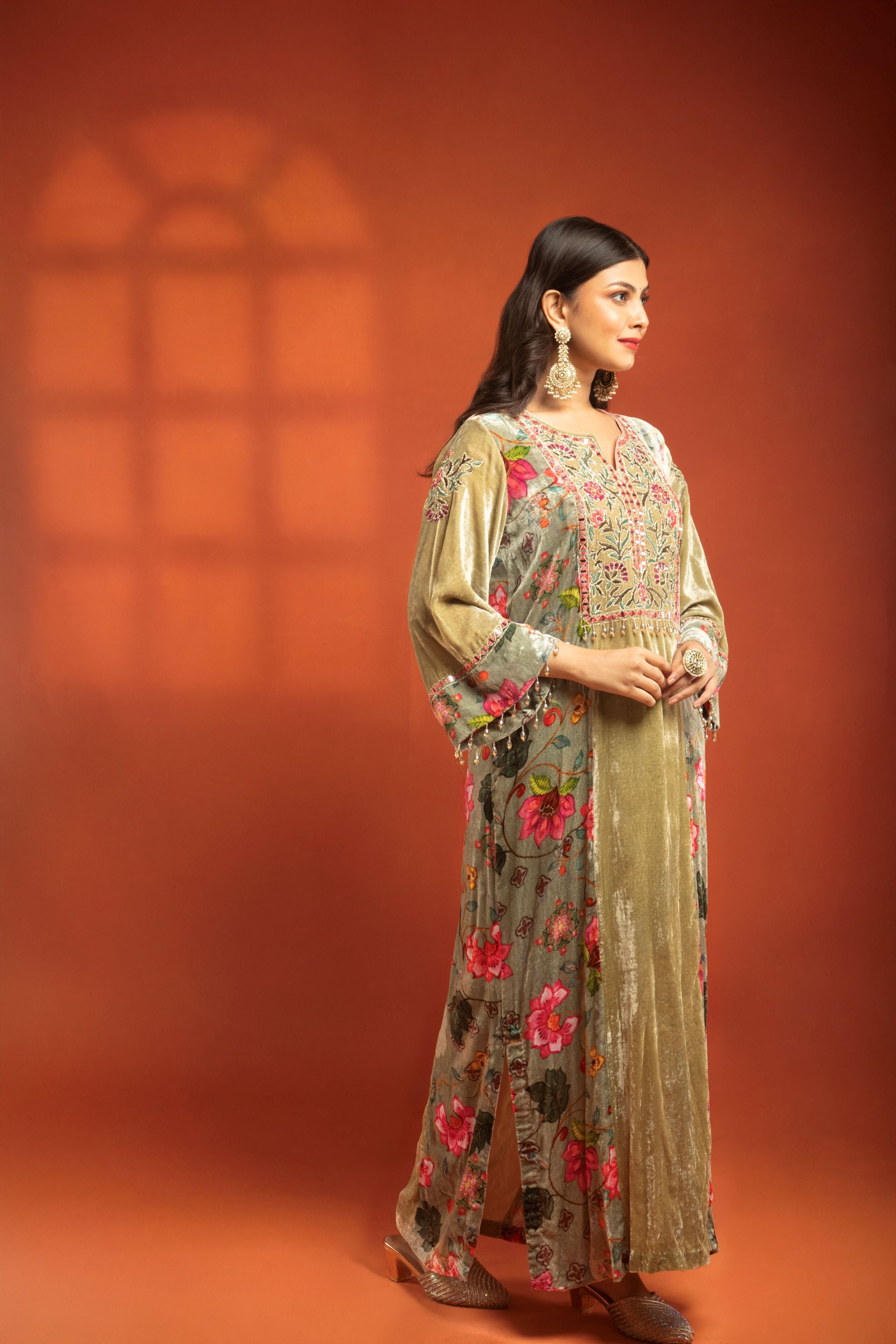 Green Side Panel Printed Embroidered Long Kurta Dress with Churidar