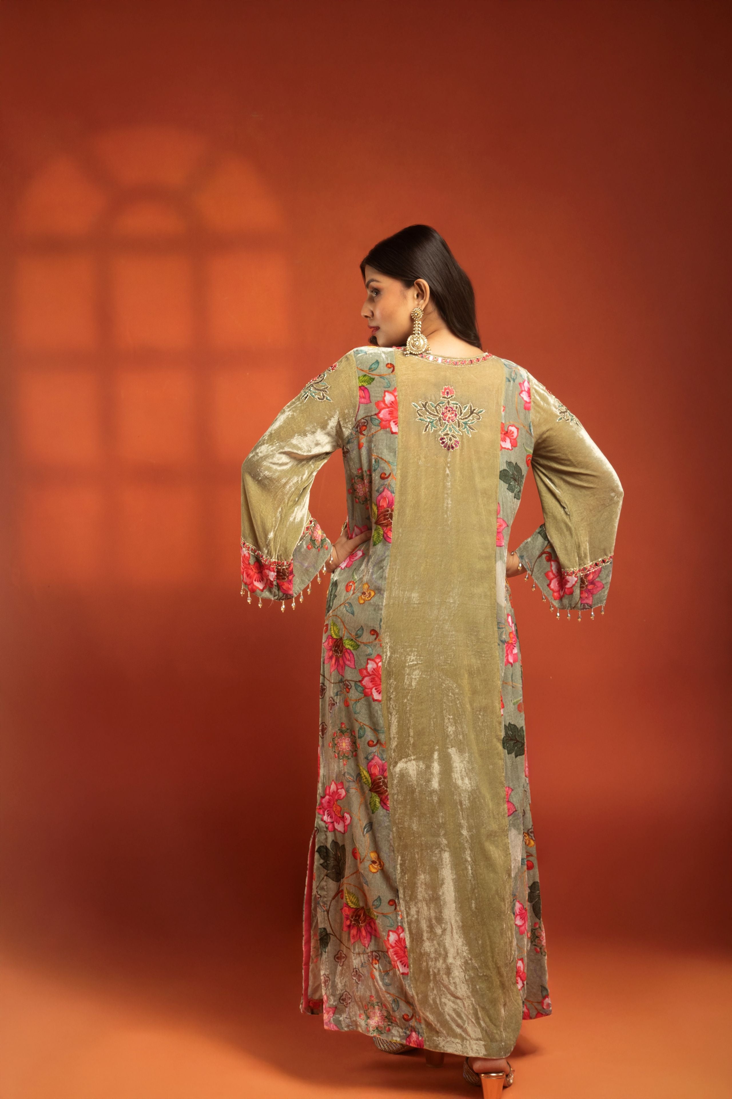 Green Side Panel Printed Embroidered Long Kurta Dress with Churidar