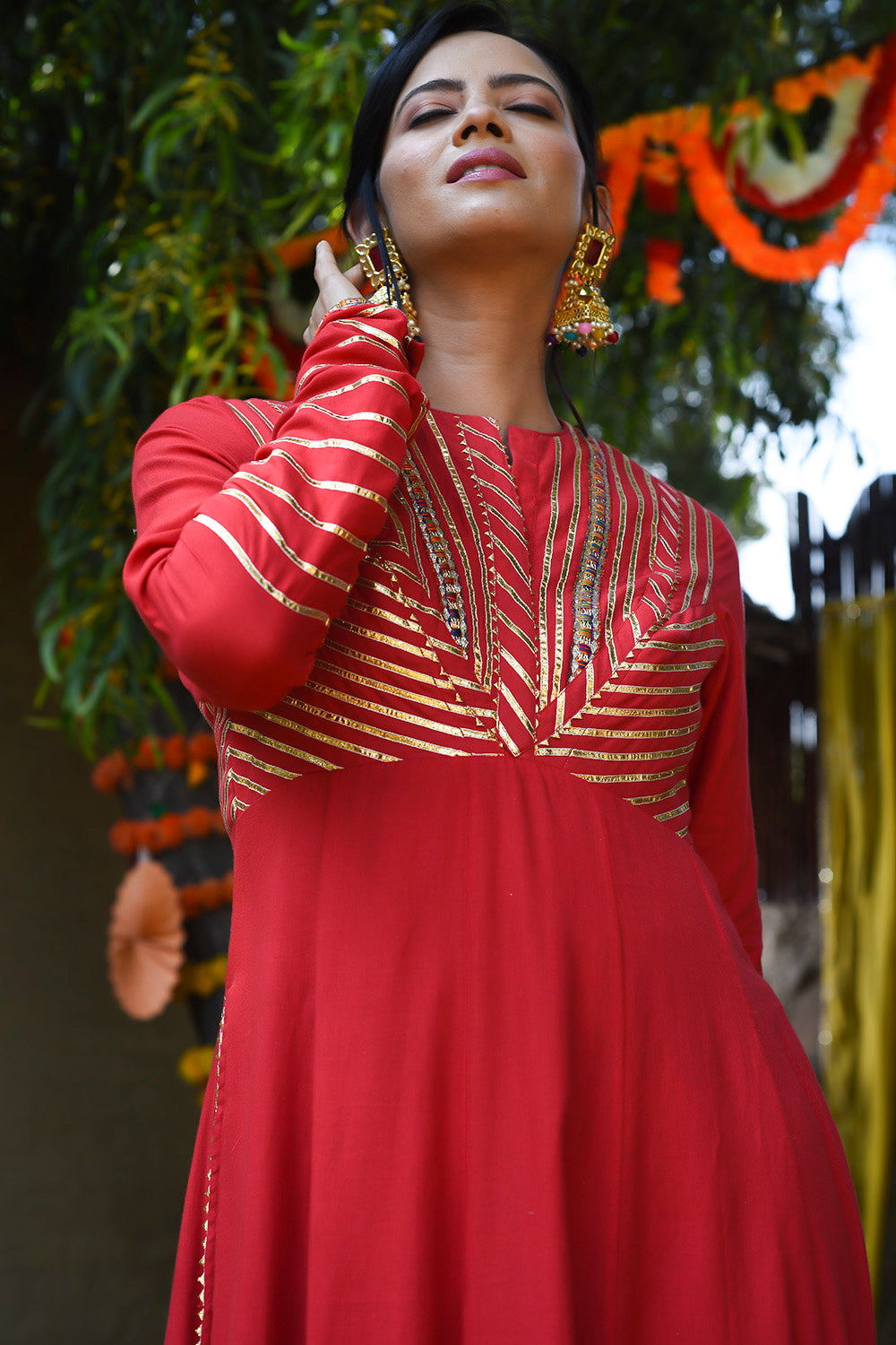 Red Twill Cotton Embroidery Gota Work Round Anarkali Set