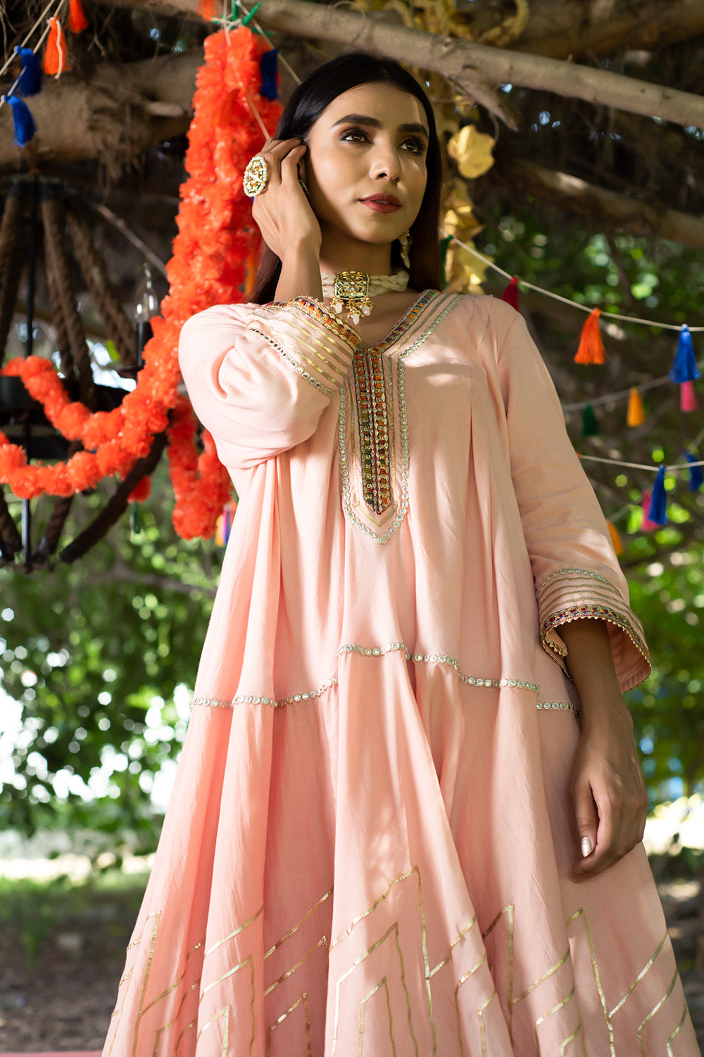 Peach Kurta Twill Cotton Embroidery Gota Work V Anarkali And Salwar Set