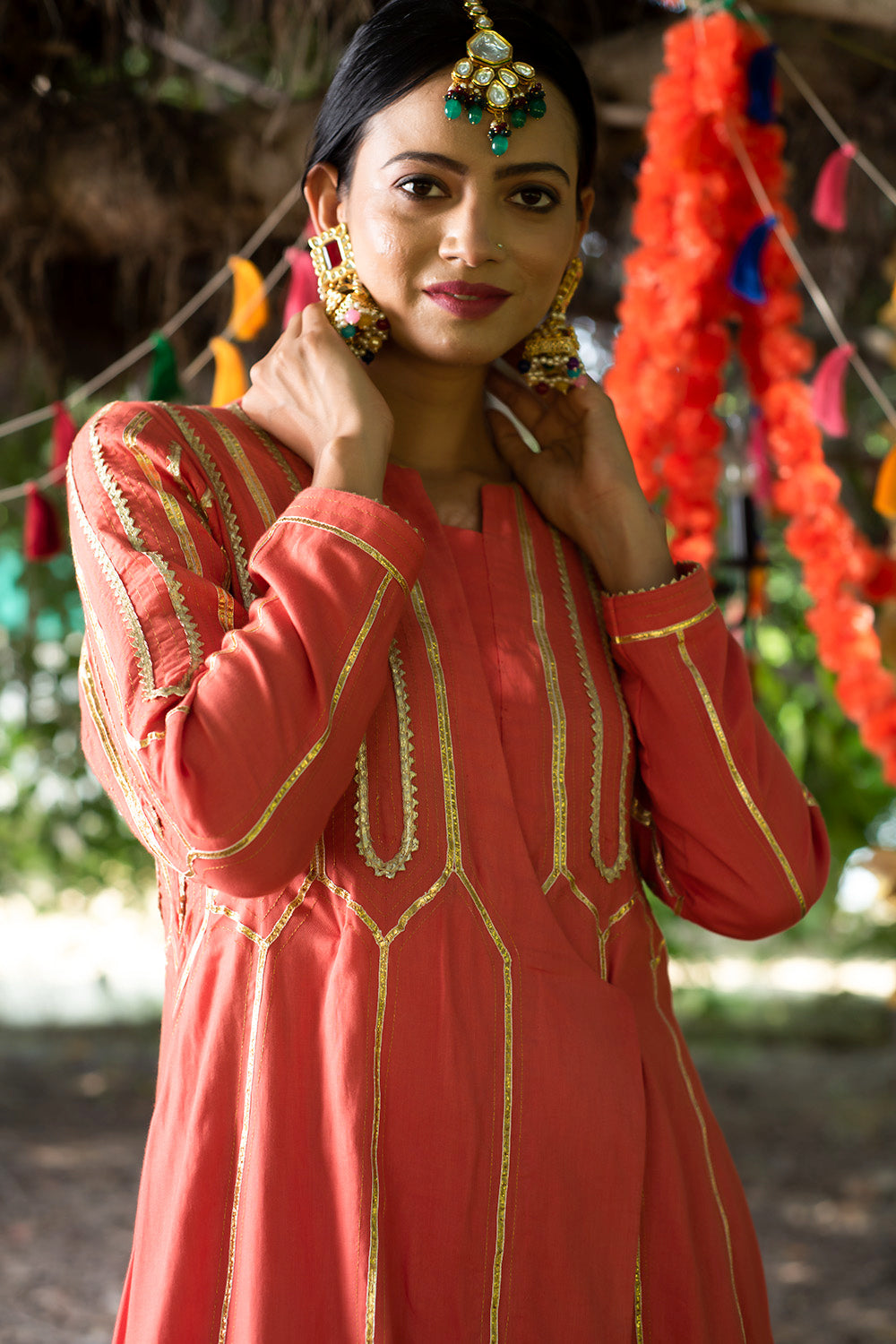 Red Twill Cotton Embroidery Gota Work Round Anarkali Set