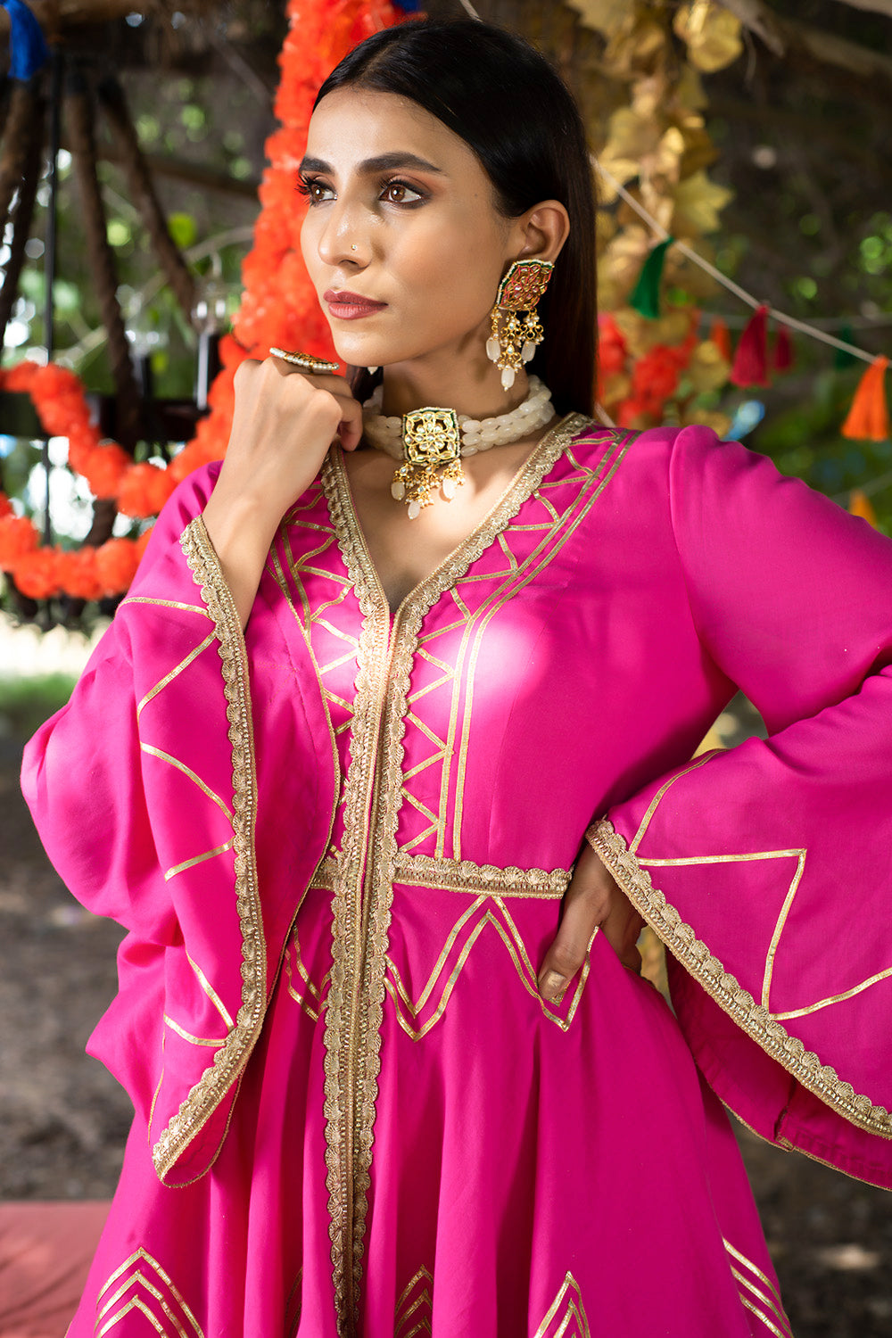 Fuchsia Kurta Twill Cotton Embroidery Gota Work Peplum And Sharara Set