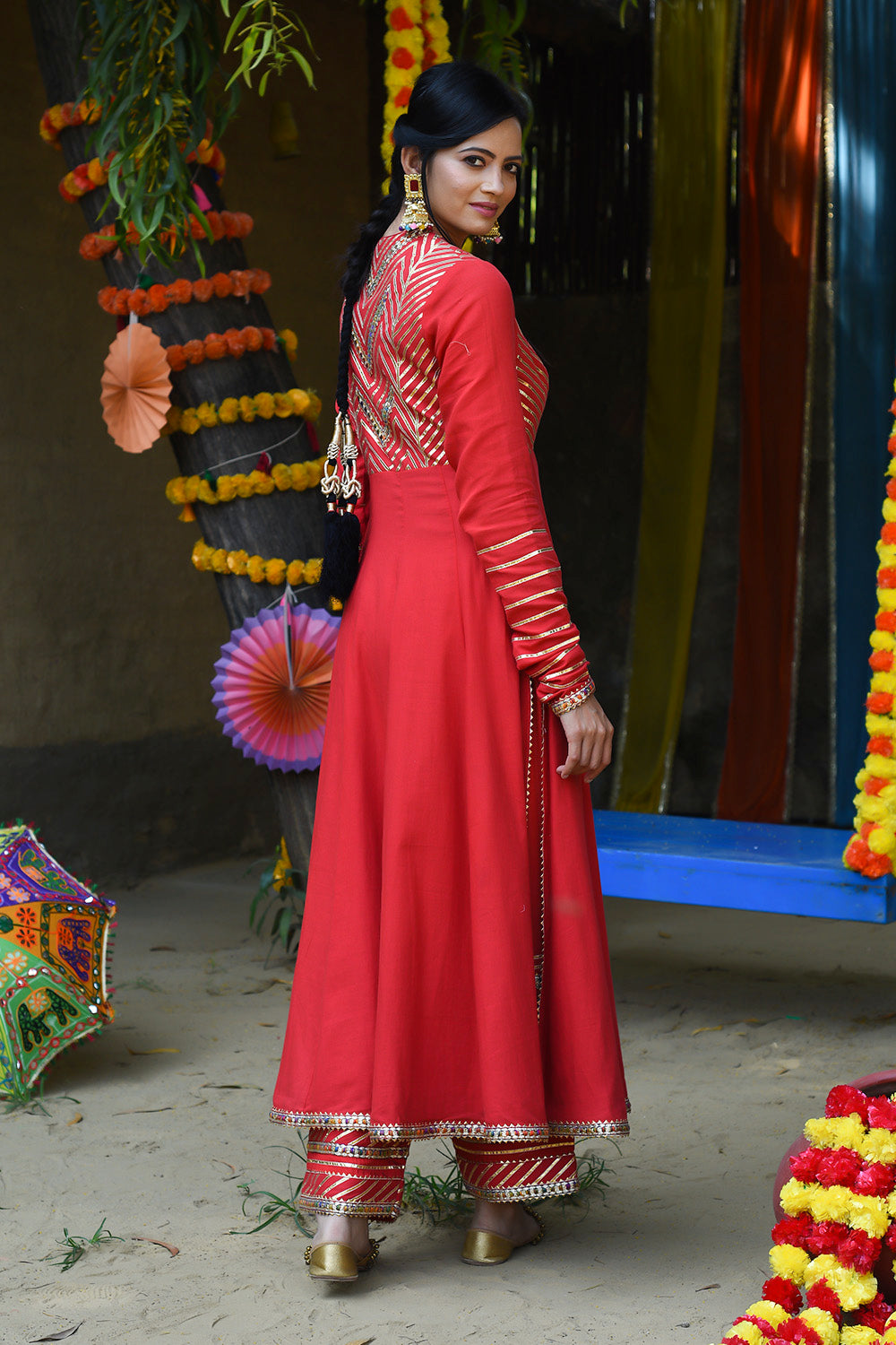 Red Twill Cotton Embroidery Gota Work Round Anarkali Set