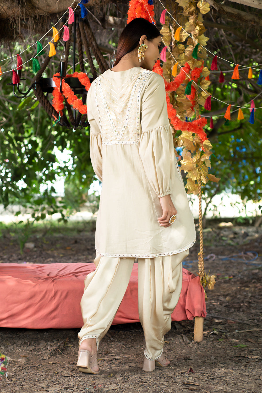 Beige Kurta Twill Cotton Embroidery Gota Work Tunic And Dhoti Pant Set