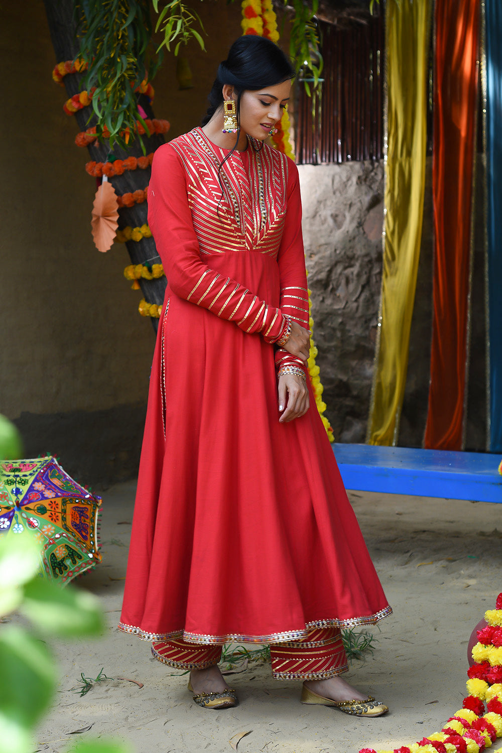 Red Twill Cotton Embroidery Gota Work Round Anarkali Set