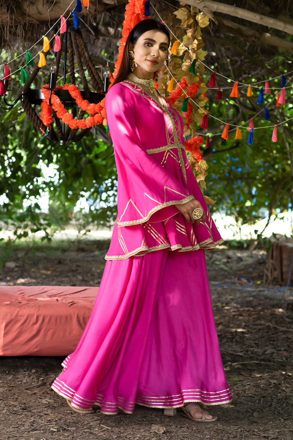 Fuchsia Kurta Twill Cotton Embroidery Gota Work Peplum And Sharara Set