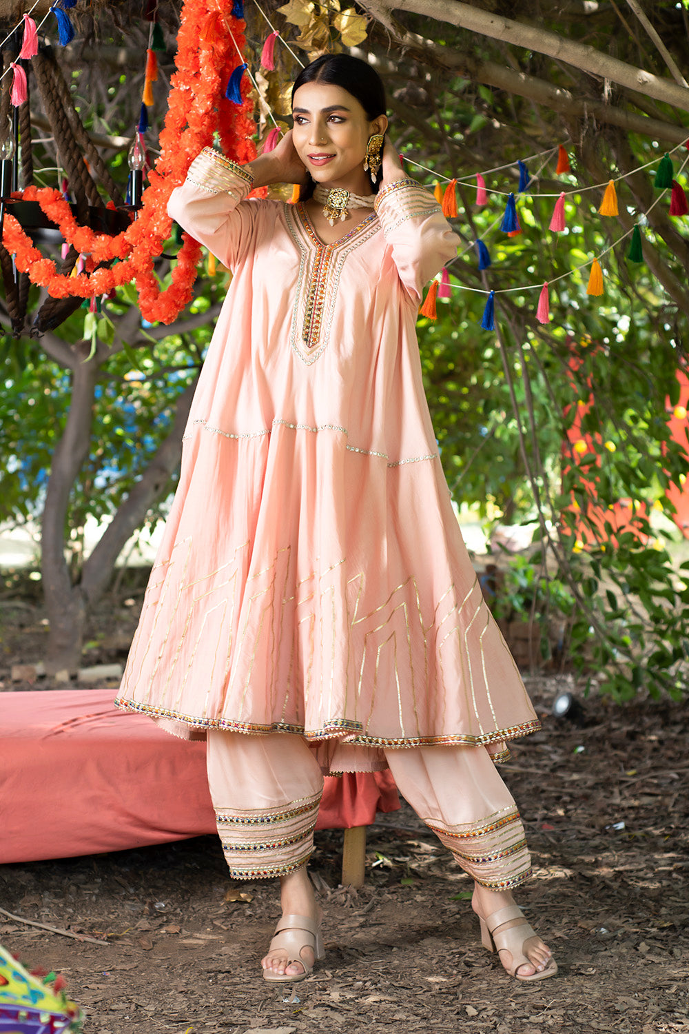 Peach Kurta Twill Cotton Embroidery Gota Work V Anarkali And Salwar Set