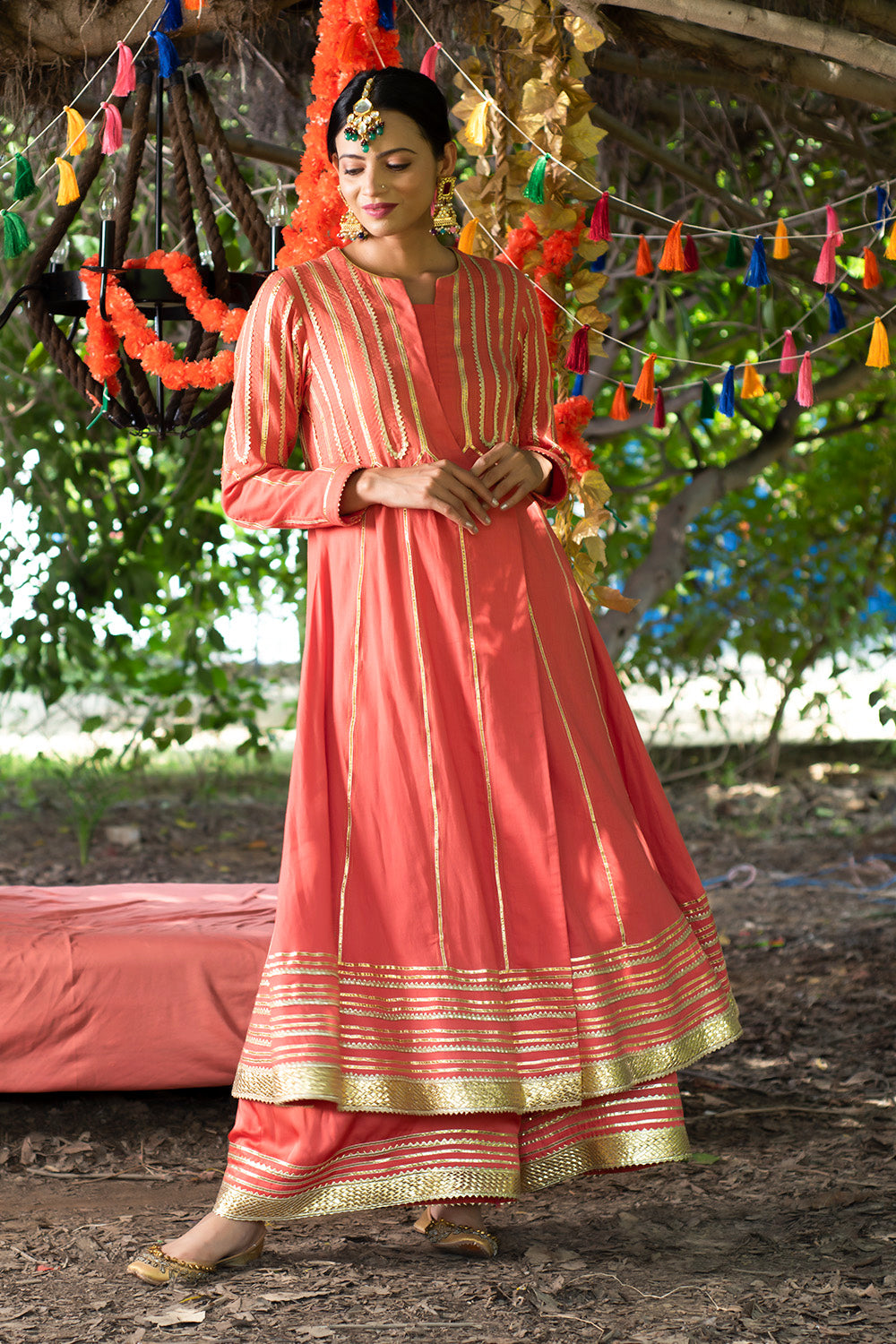 Coral Kurta Twill Cotton Embroidery Gota Anarkali And Farshi Pyjama Set