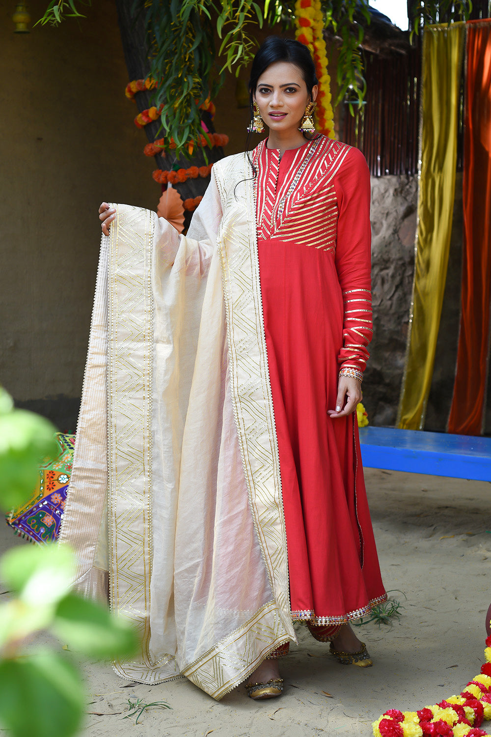 Red Twill Cotton Embroidery Gota Work Round Anarkali Set