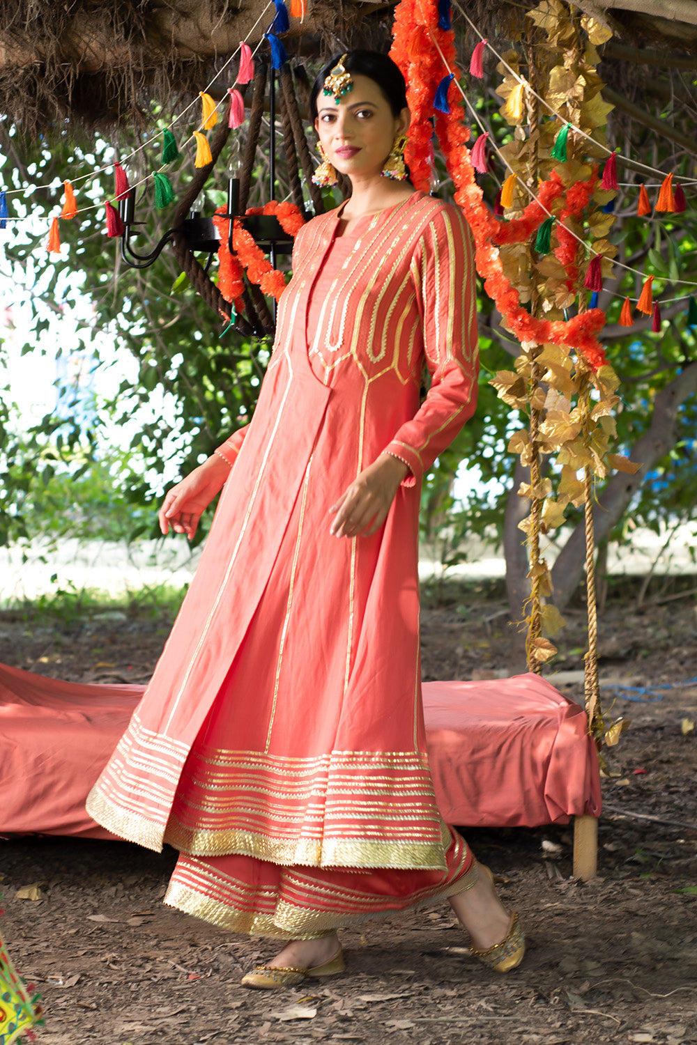 Coral Kurta Twill Cotton Embroidery Gota Anarkali And Farshi Pyjama Set