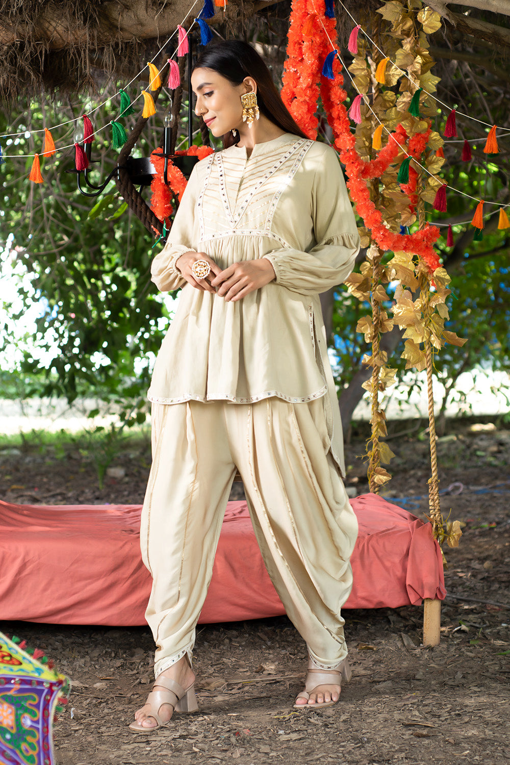 Beige Kurta Twill Cotton Embroidery Gota Work Tunic And Dhoti Pant Set