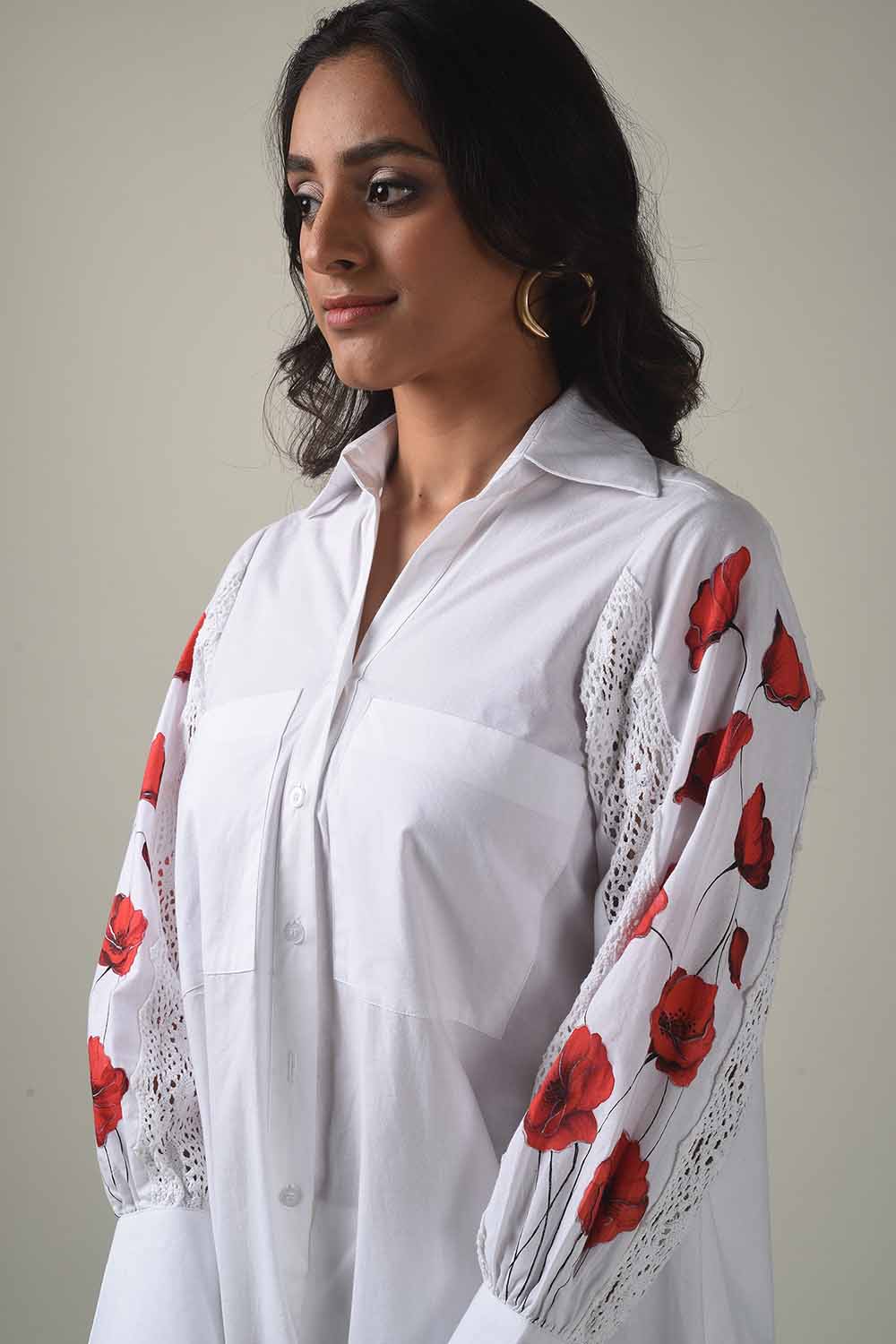 Asymmetric Hand Painted Collared Shirt Style Kurta With Narrow Pants