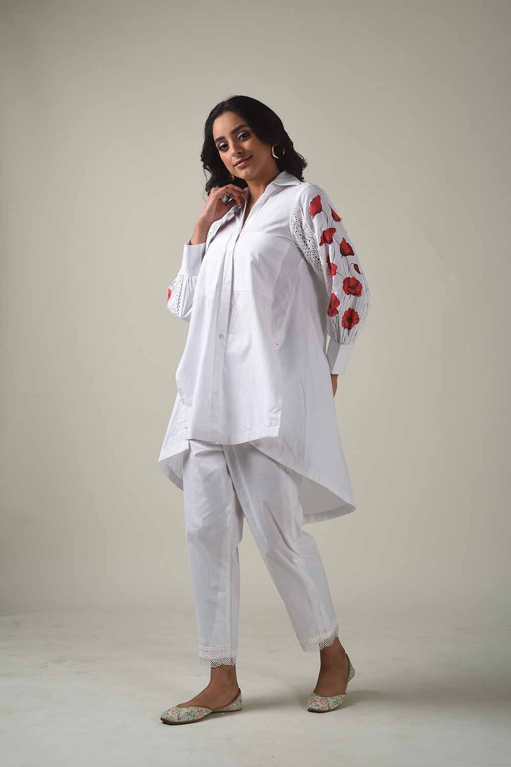 Asymmetric Hand Painted Collared Shirt Style Kurta With Narrow Pants