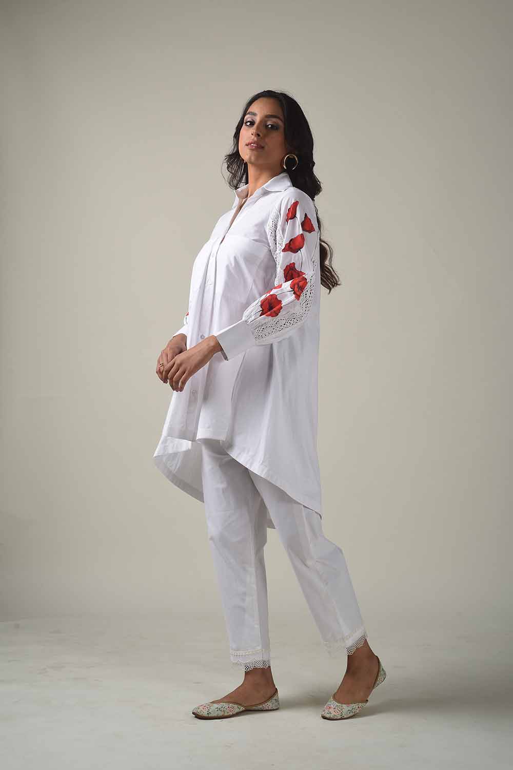 Asymmetric Hand Painted Collared Shirt Style Kurta With Narrow Pants