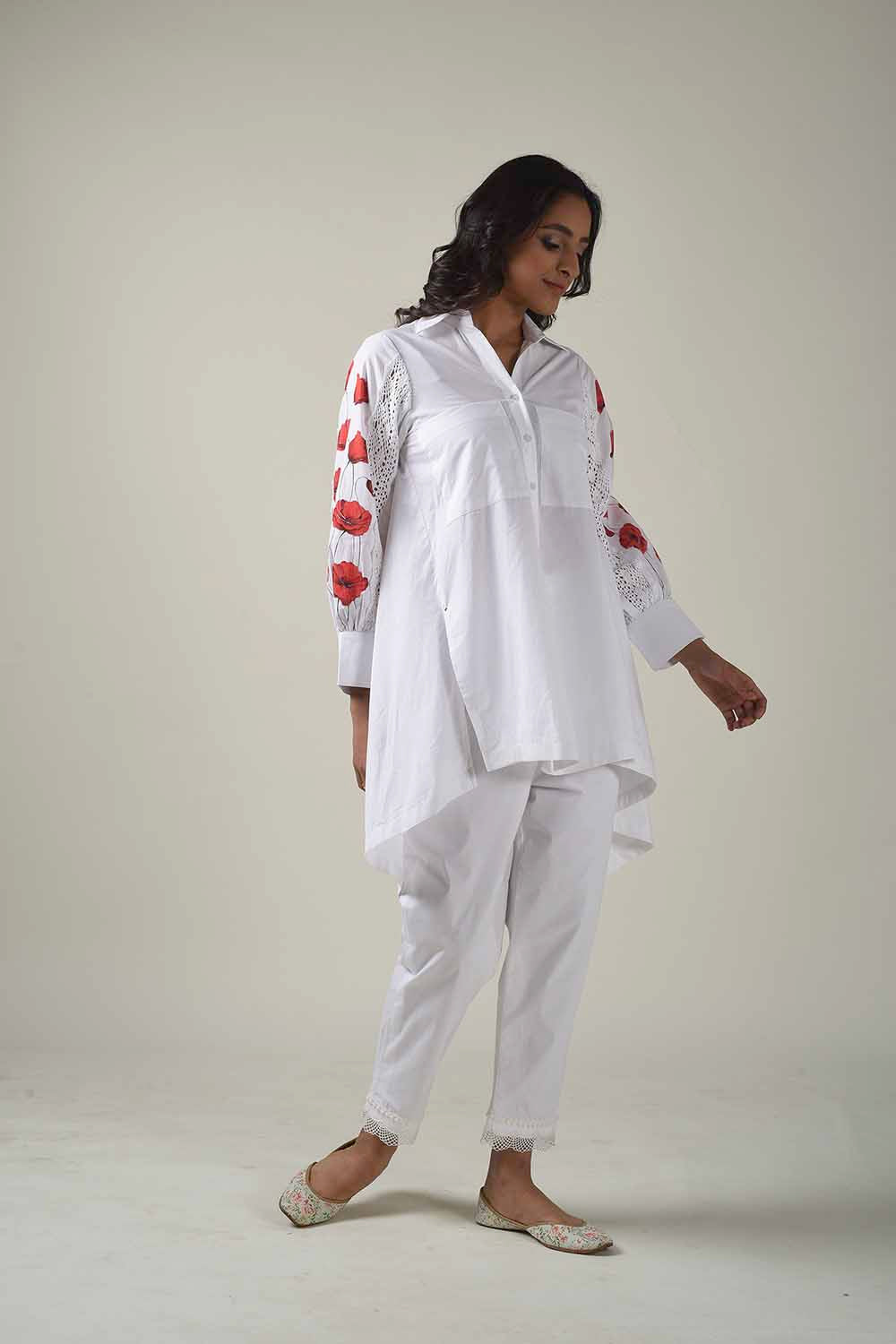 Asymmetric Hand Painted Collared Shirt Style Kurta With Narrow Pants