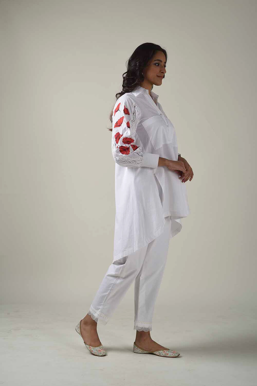 Asymmetric Hand Painted Collared Shirt Style Kurta With Narrow Pants