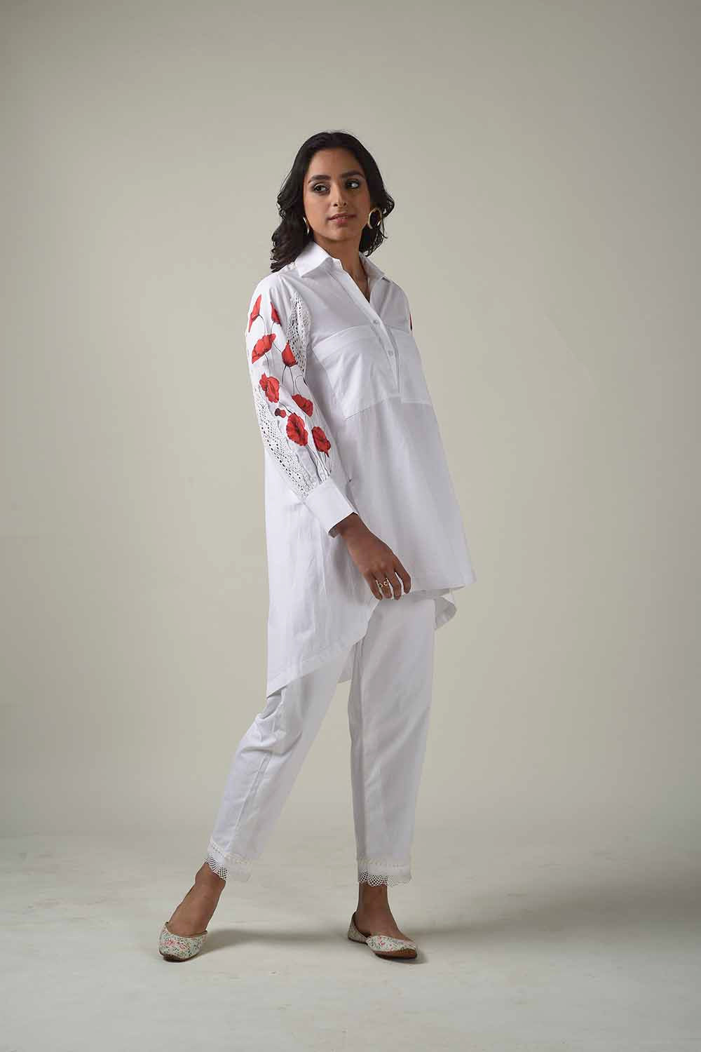 Asymmetric Hand Painted Collared Shirt Style Kurta With Narrow Pants