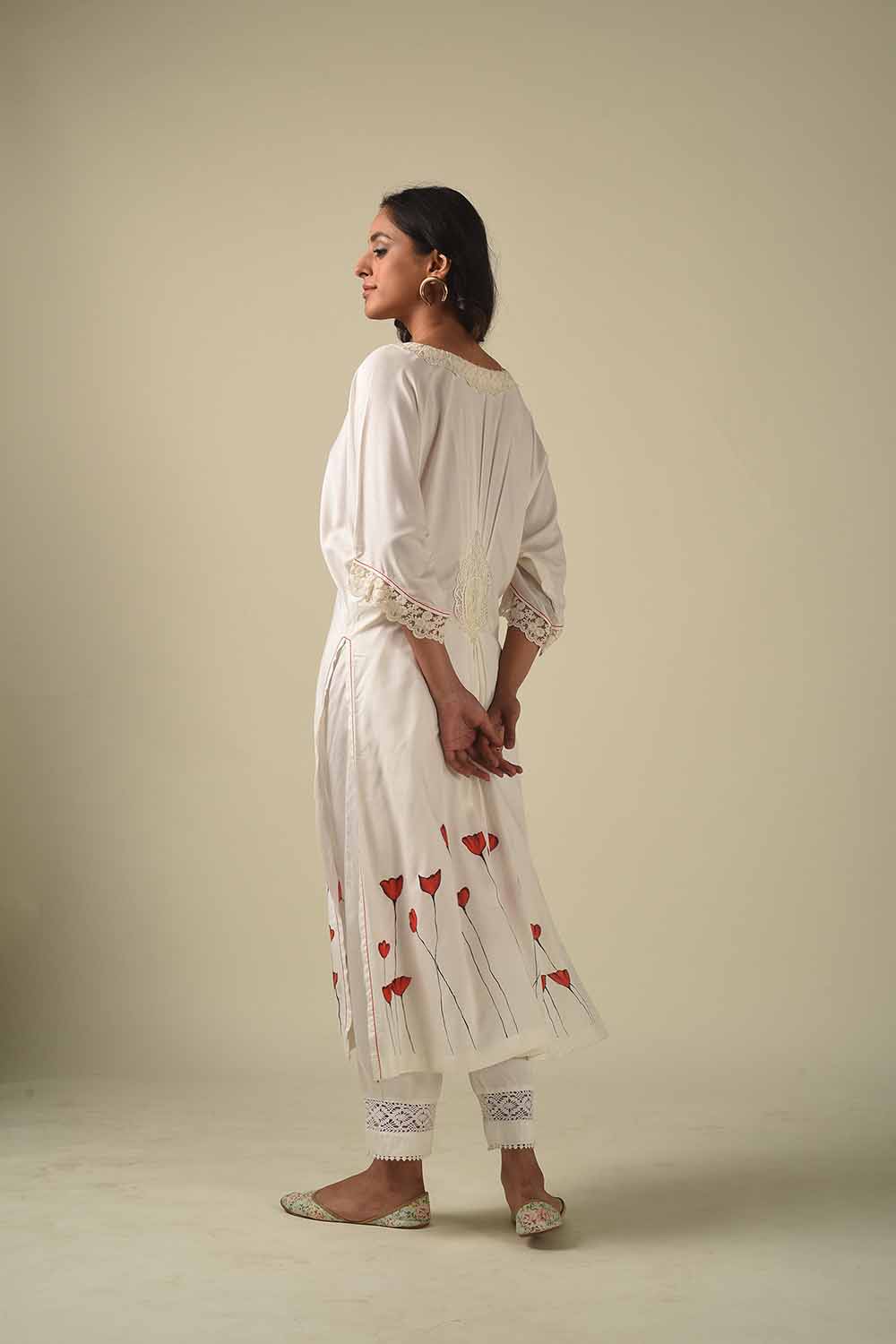 Ivory Handpainted Kimono Style Tunic With Broad Pants