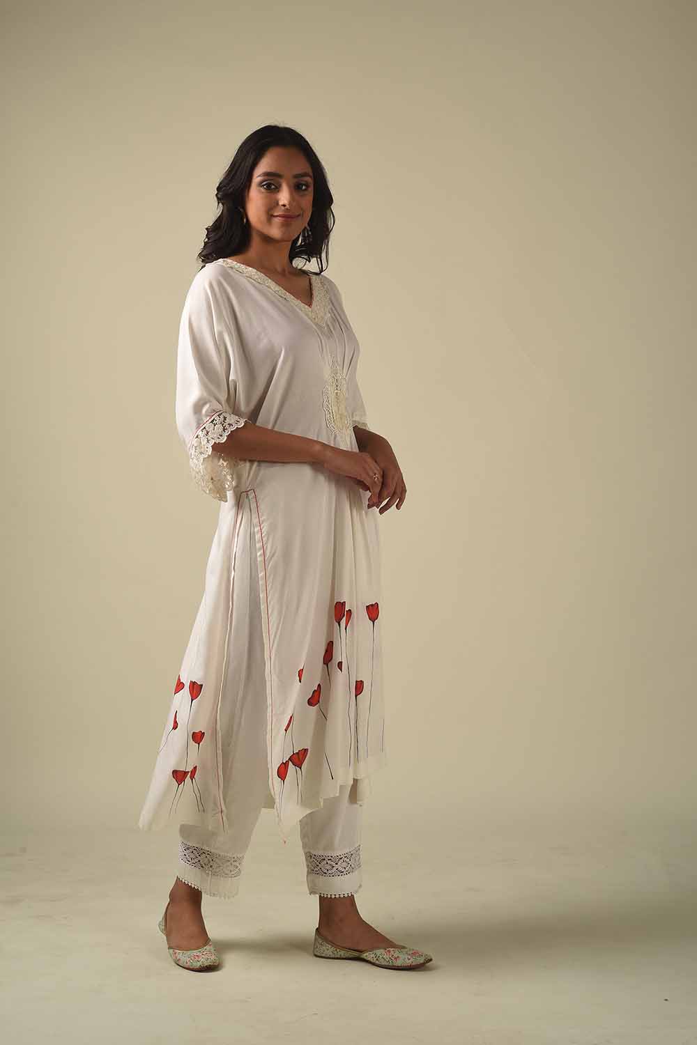 Ivory Handpainted Kimono Style Tunic With Broad Pants