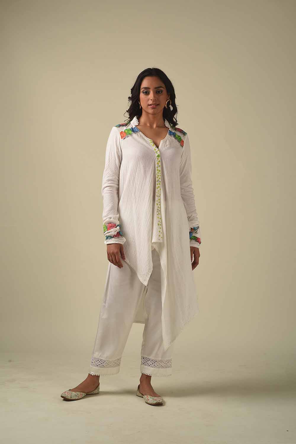 Asymmetric Hand Painted Front Open Style Kurta With Dhoti Pants