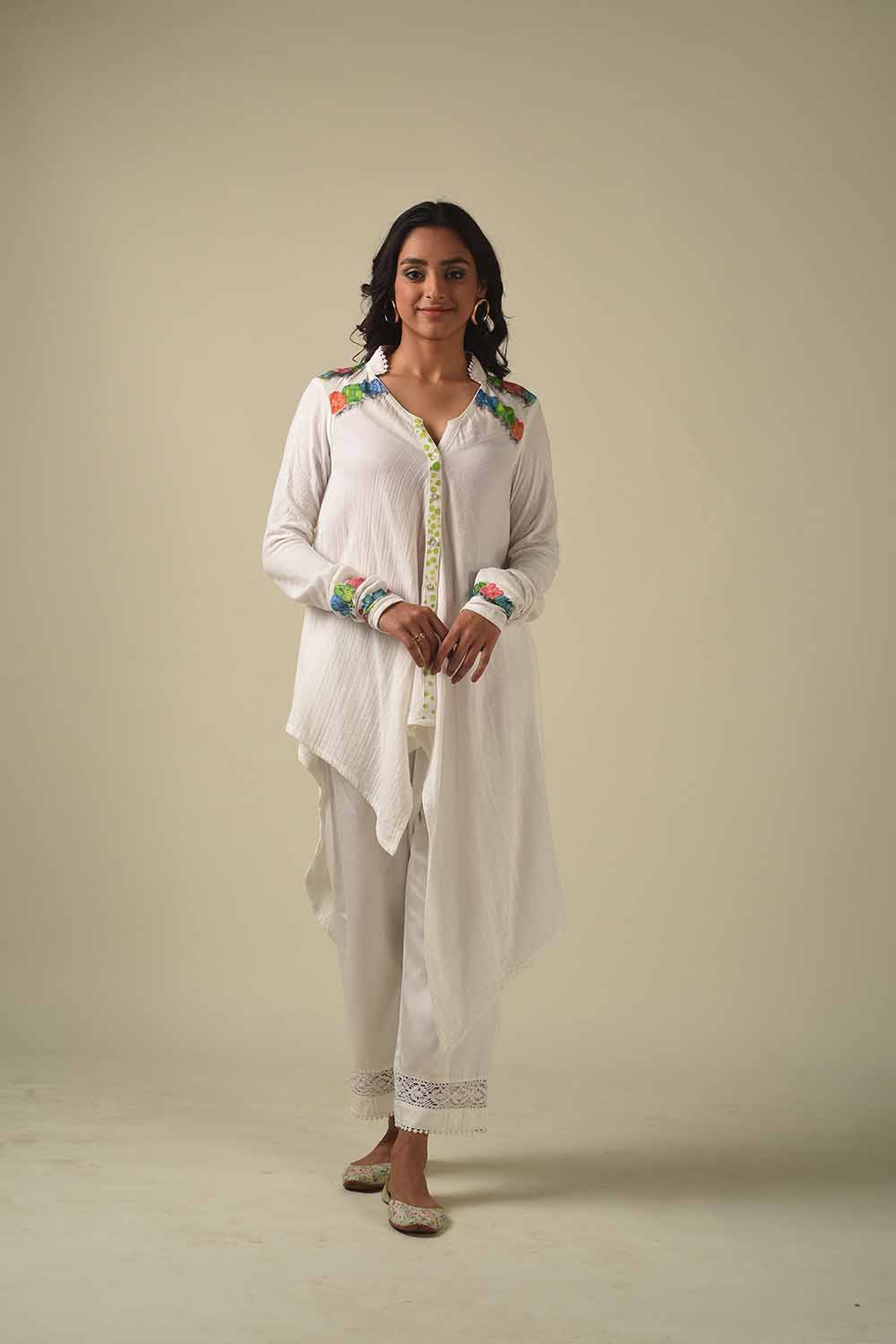 Asymmetric Hand Painted Front Open Style Kurta With Dhoti Pants