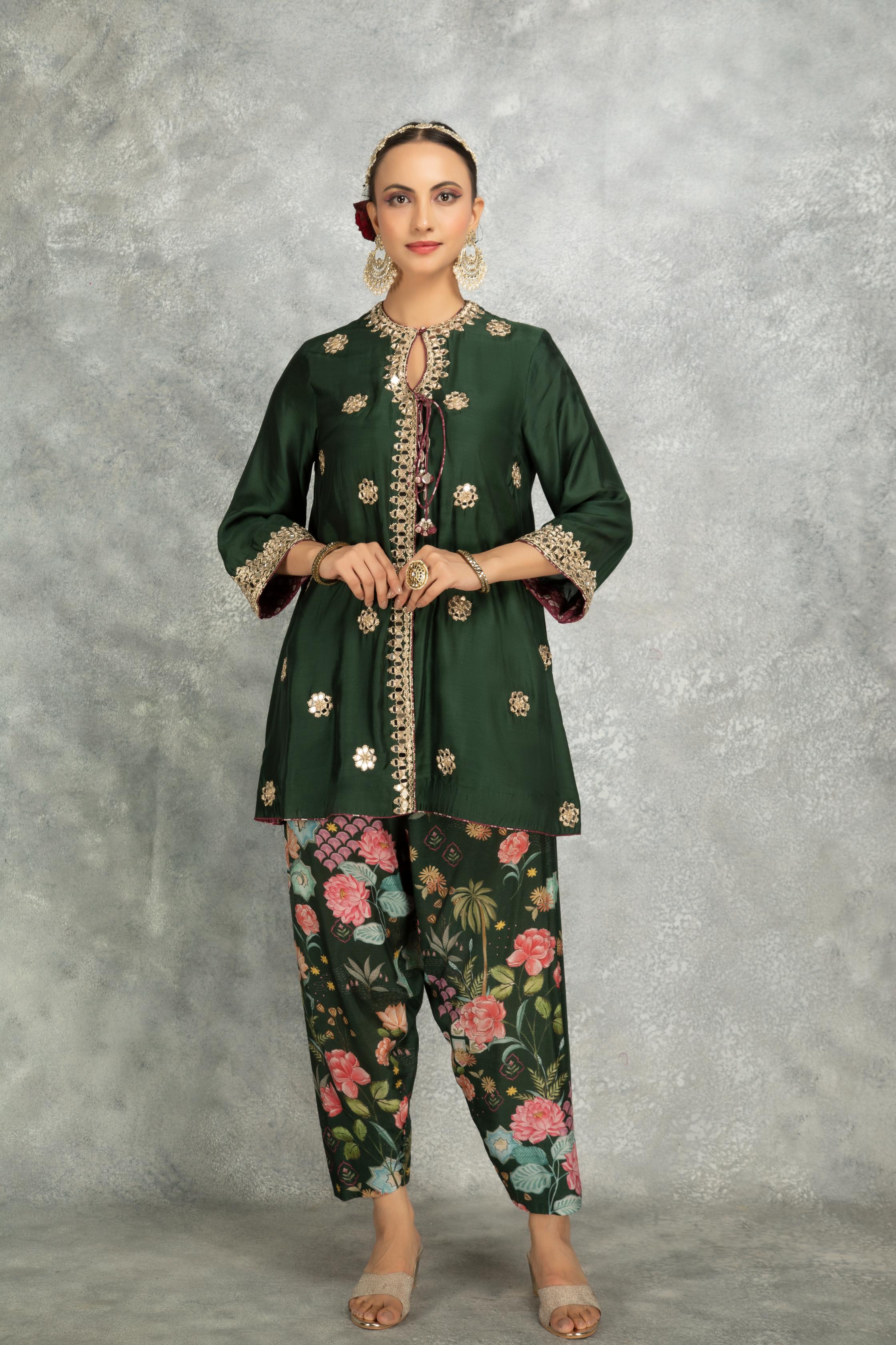 Green Mirror Embroidered  Angrakha with Printed Pants & Dupatta Set of 3