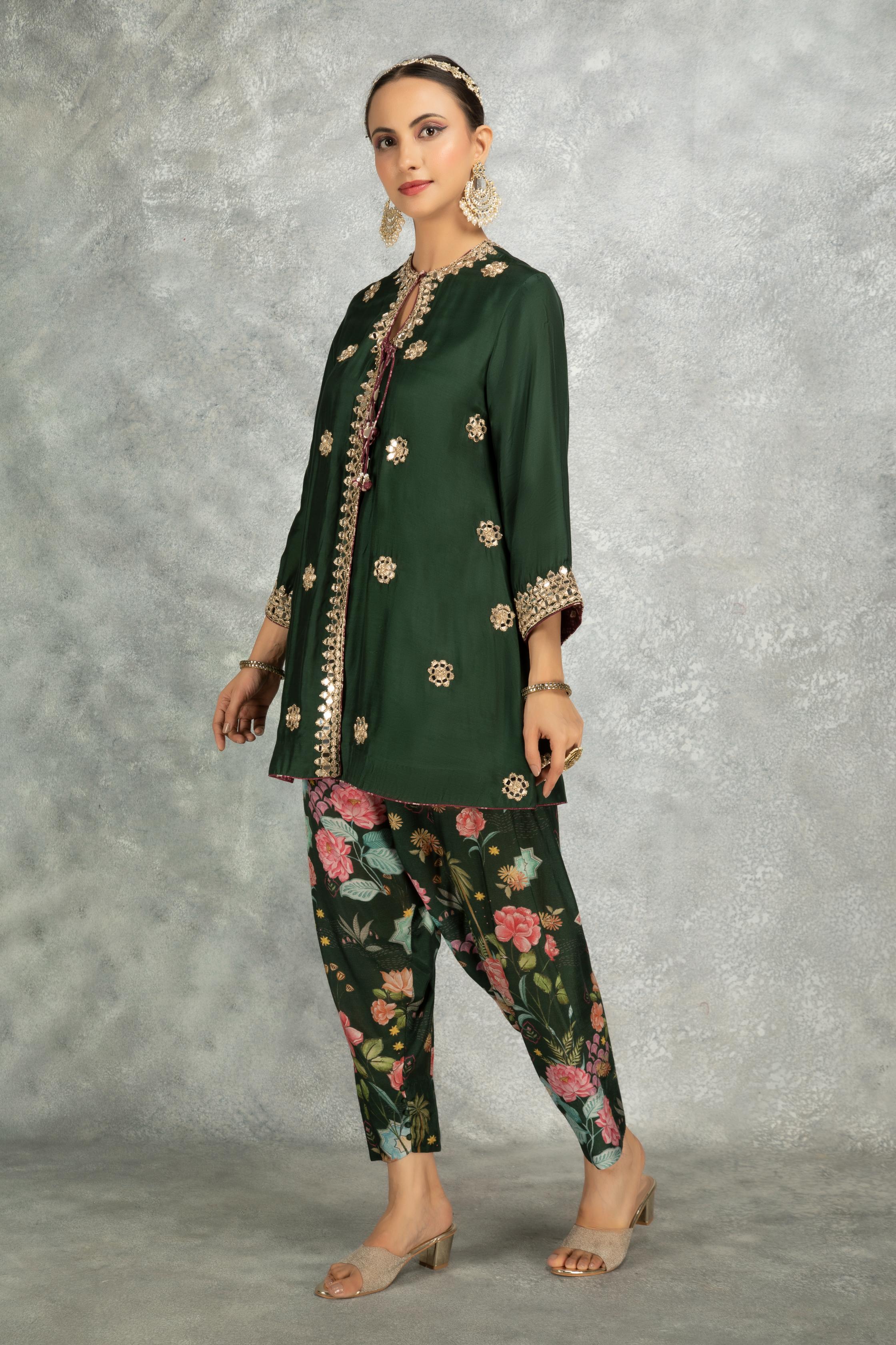 Green Mirror Embroidered  Angrakha with Printed Pants & Dupatta Set of 3