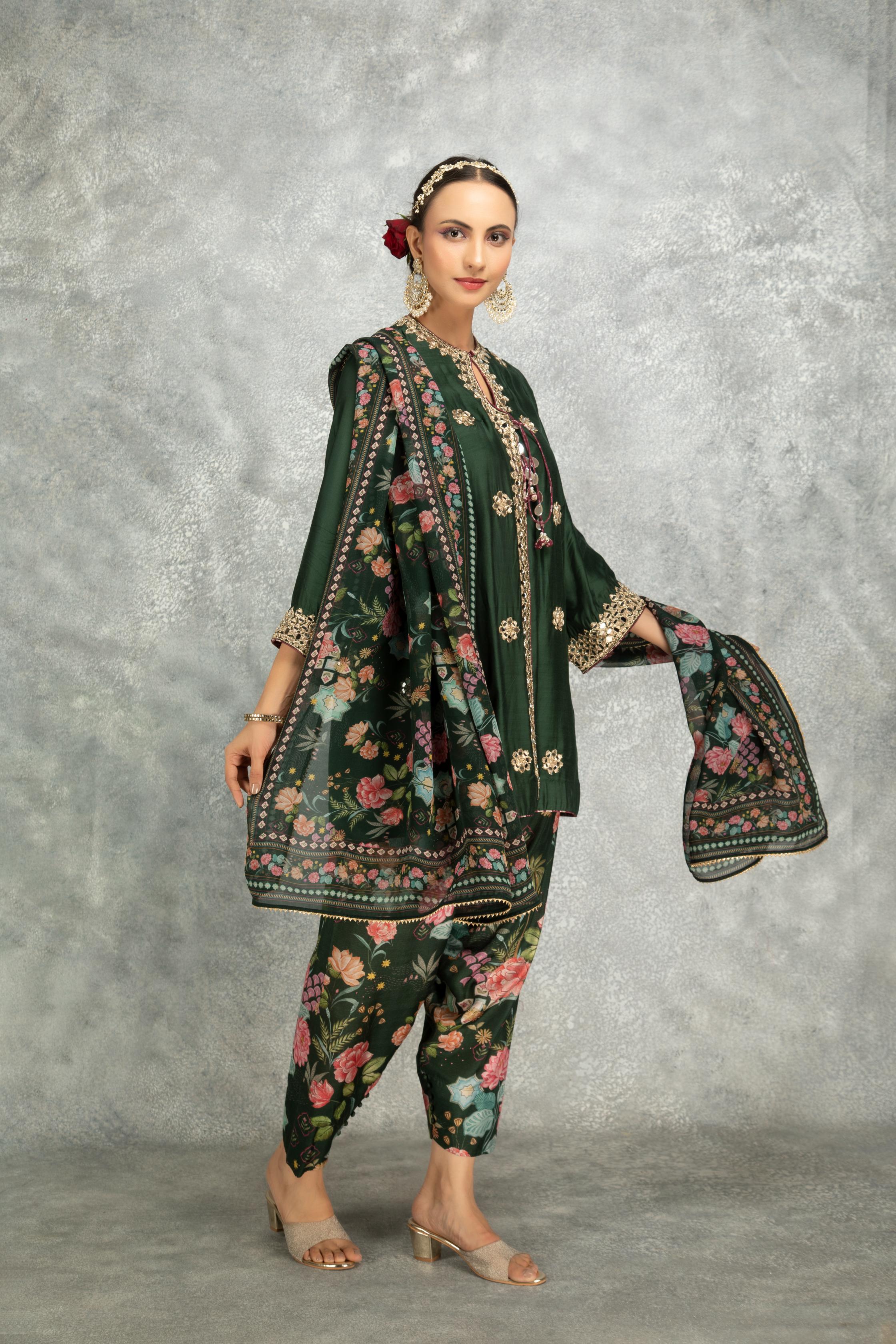 Green Mirror Embroidered  Angrakha with Printed Pants & Dupatta Set of 3